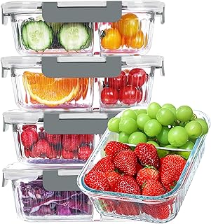 KOMUEE Glass Meal Prep Containers 2 Compartments, 5 Packs 36 oz, Airtight Glass Lunch Bento Box with Lids, Glass Food Stor...
