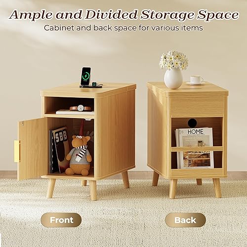 Miniatura 8 de Huuger Mesa auxiliar estrecha con estación de carga, puerto USB-C, mesita de noche acanalada con gabinete de almacenamiento, estante trasero, mesa