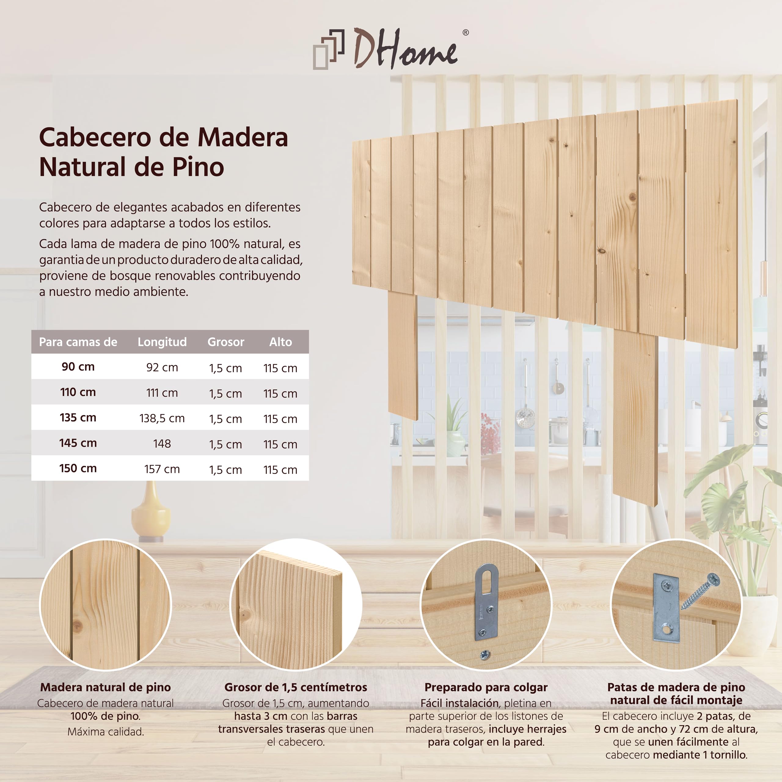 DHOME Cabecero de Madera Natural de Pino con Patas Estilo Palet Vertical Cama Palets Herrajes incluidos (110cm, Madera Natural Pino)