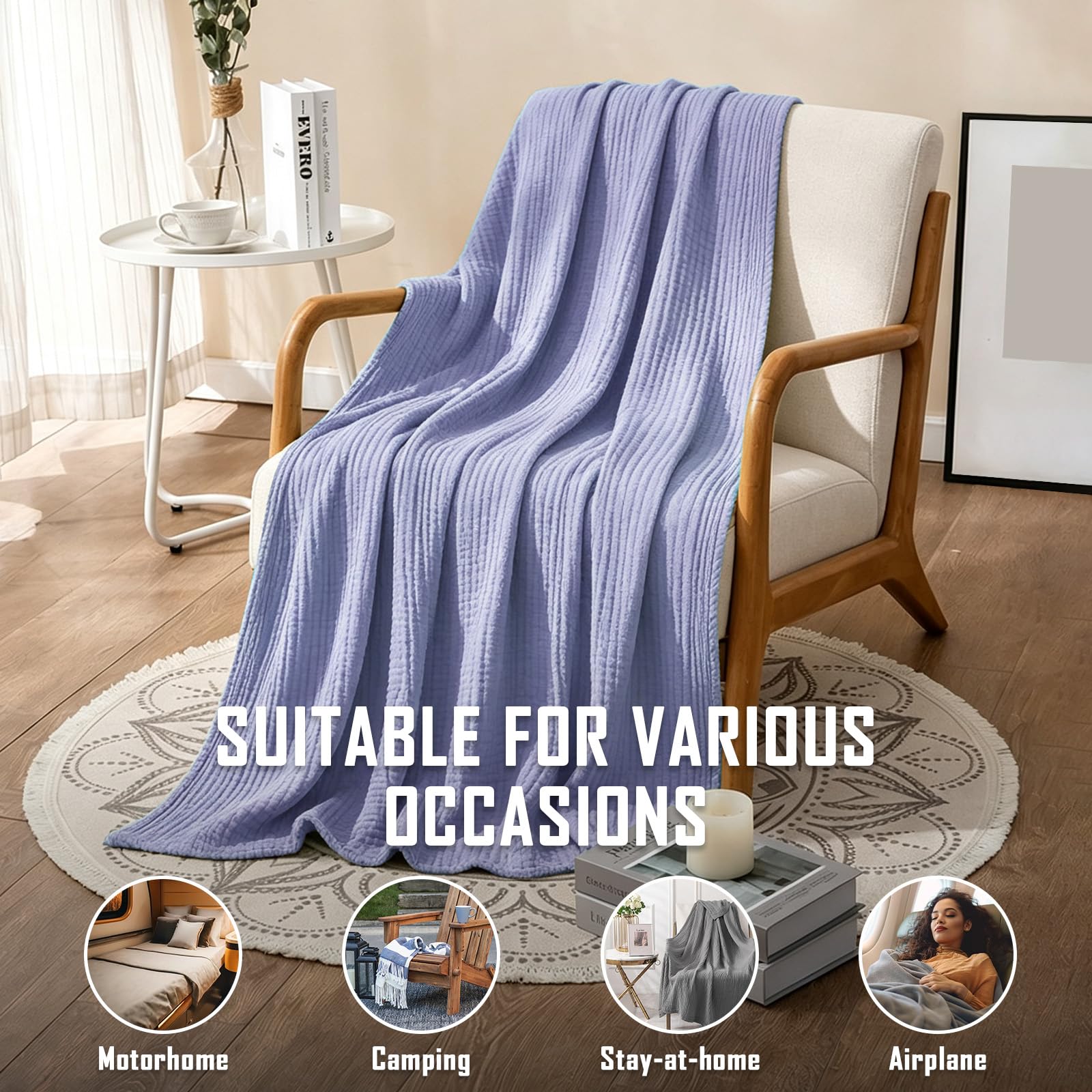 Manta de Muselina de 150 x 200 cm,100% Algodón,Manta Suave de Verano de 6 Capas,Plaid Sofa,Colcha de Muselina,Edredón para Cama y Sofá,Plaid Cama para Todo el Año(Lavanda Violeta)
