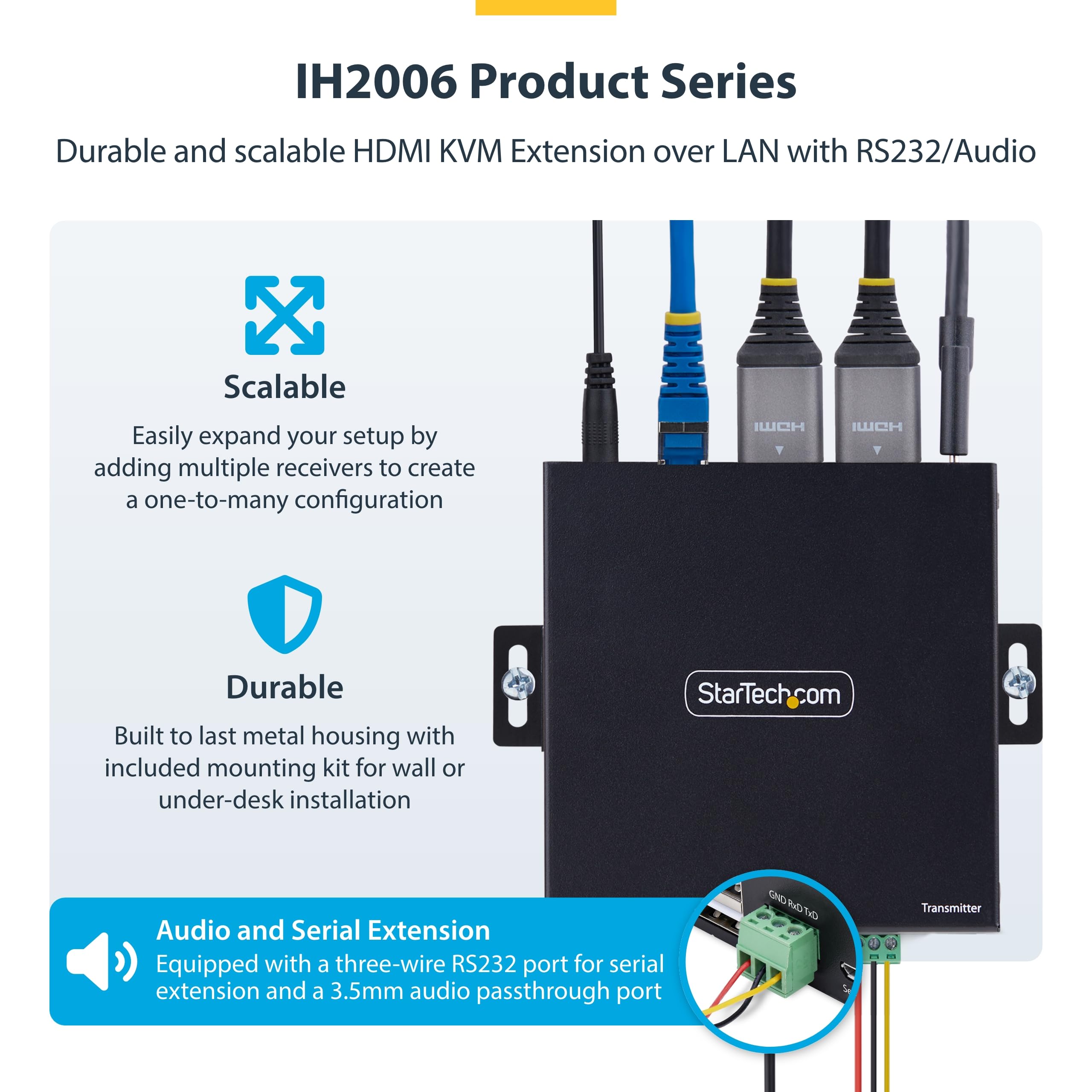 StarTech Transmetteur KVM HDMI sur IP pour IH2006-4K 60Hz sans Pilote | AVoIP, Transmetteur uniquement, Sortie HDMI locale, Remplacement, IH2006-KVM-TX