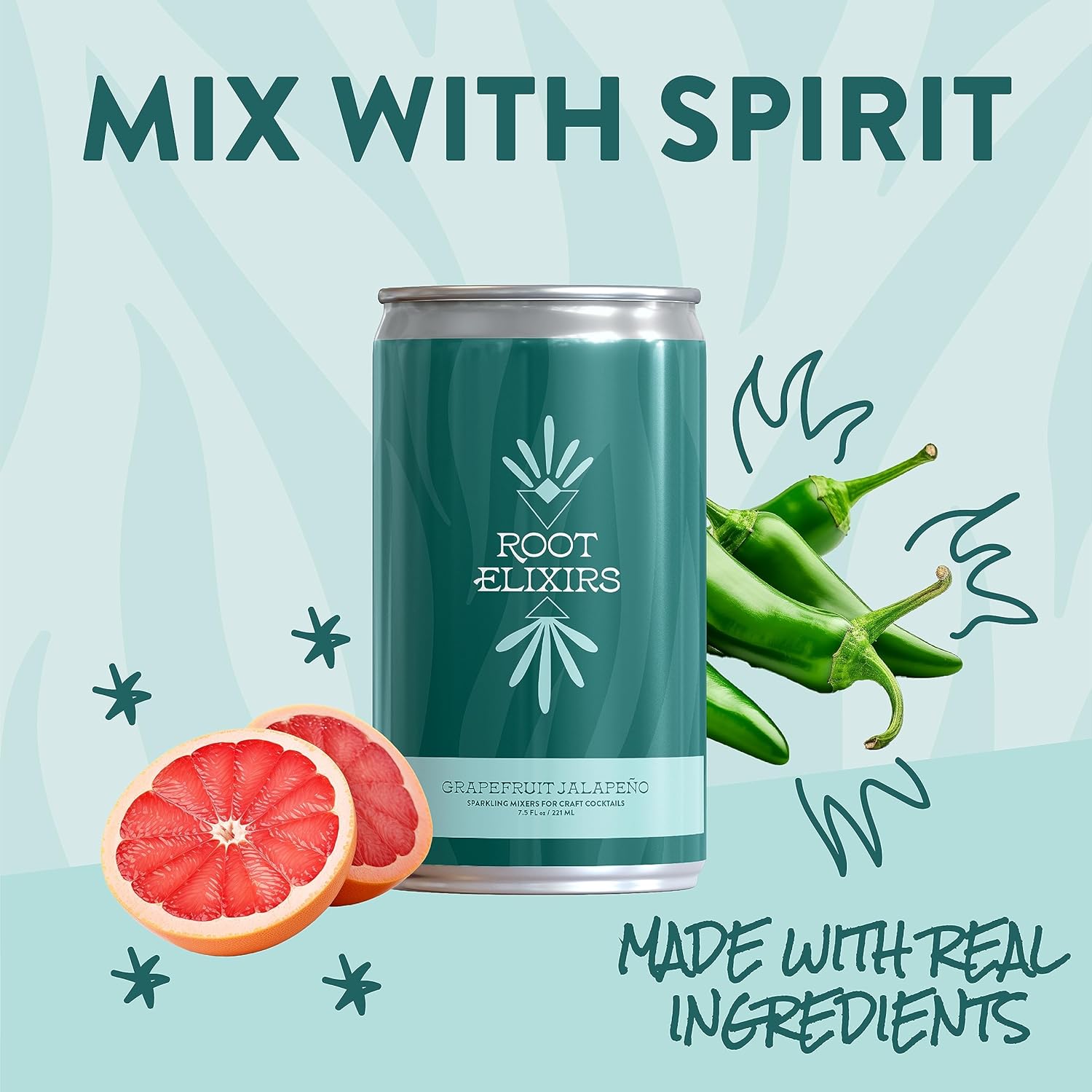 Root Elixirs Grapefruit Jalapeño Sparkling Cocktail Mixer, Zero-Proof Mocktail Mixer, Real Citrus + Agave, 200ml Cans (Pack of 8)