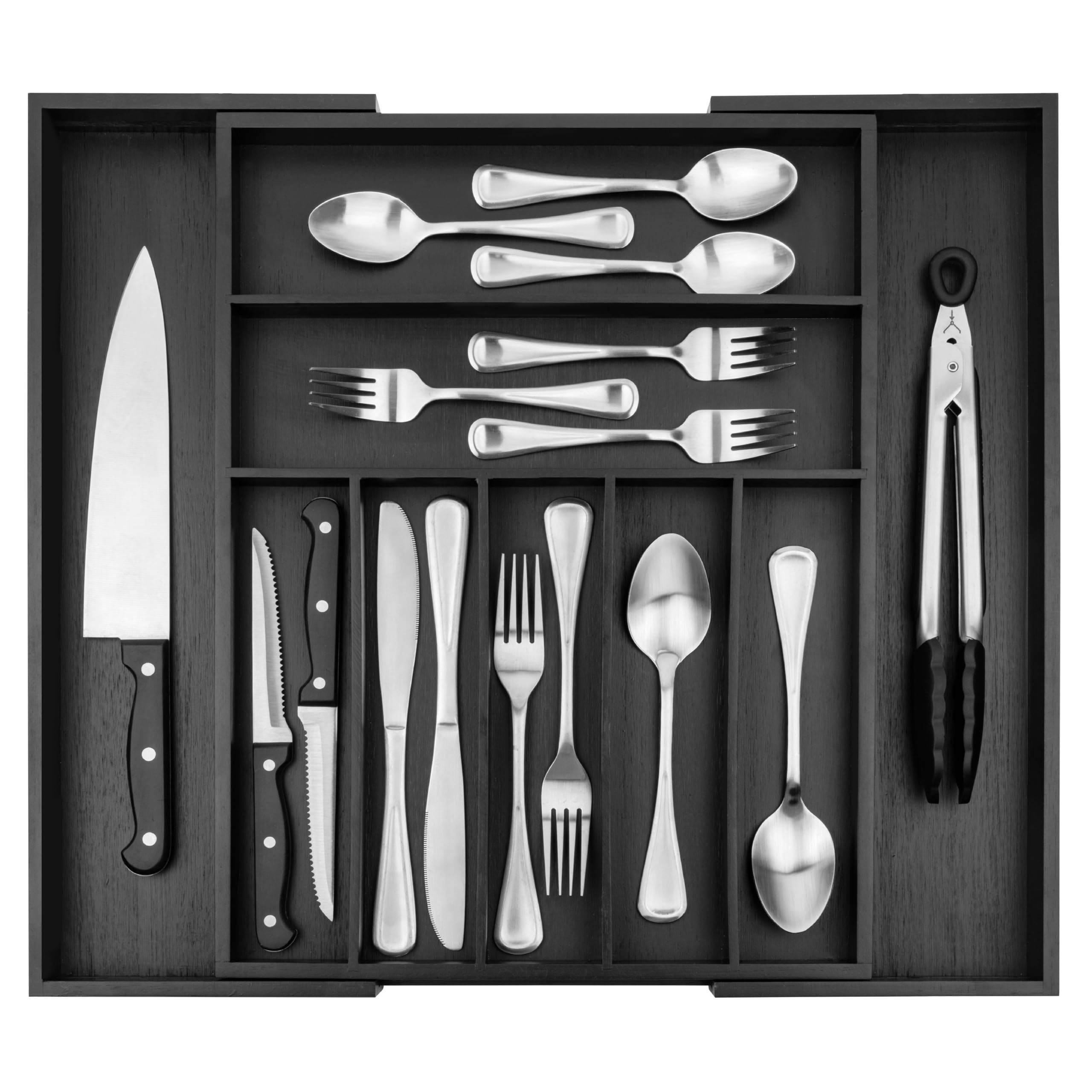 RMR Home Bamboo Silverware Organizer - Expandable Kitchen Drawer Organizer and Utensil Organizer, Perfect Size Cutlery Tray with Drawer Dividers for Kitchen Utensils and Flatware (7-9 Slots) (Black)