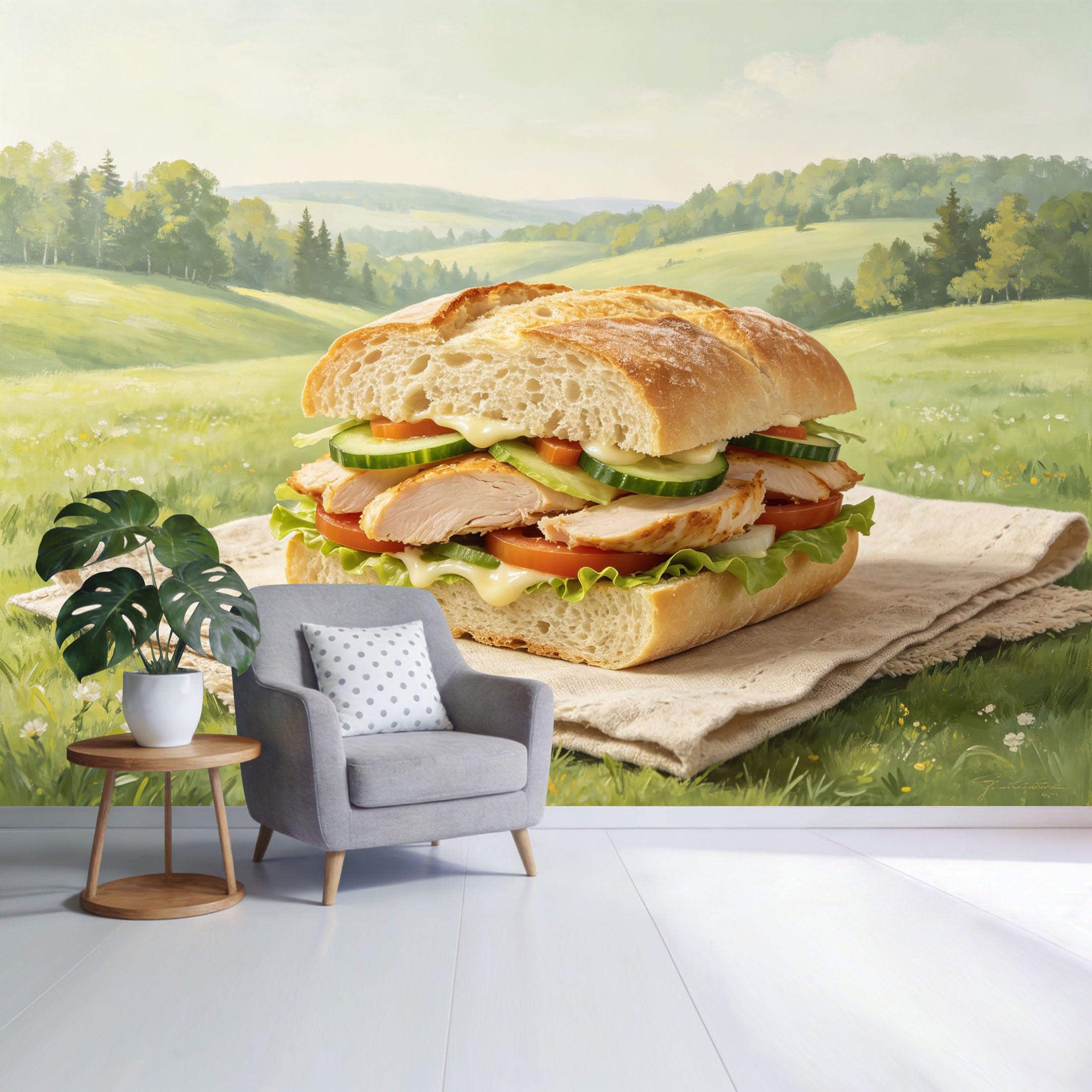 Custom Size Wall Mural Landscape Picnic Sandwich Meadow Pastoral Scene Food Art Oil Painting Style SelfAdhesive Wall Fabric Removable Wallpaper for Home Office Decor