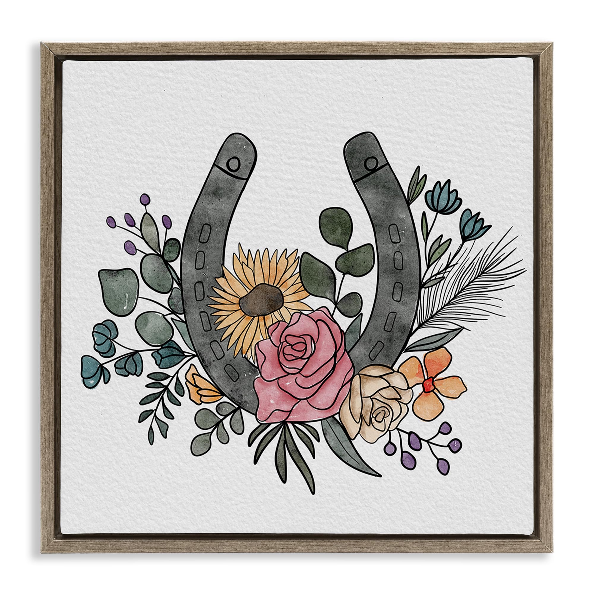 Stupell Industries Montalcino Elm (Textured) Boho Floral Horseshoe, 24 X 24 Inch Canvas In Floater Frame
