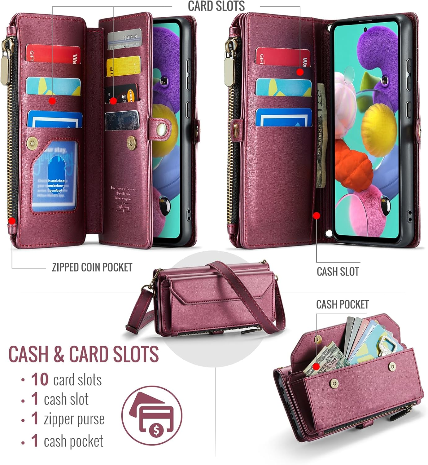 Asuwish Phone Case for Samsung Galaxy A51 4G Zipper Wallet Cover with Tempered Glass Screen Protector and Leather Flip RFID Blocking Cash Card Holder Cell A 51 M40S 51A A515F S51 Women Girls Wine Red