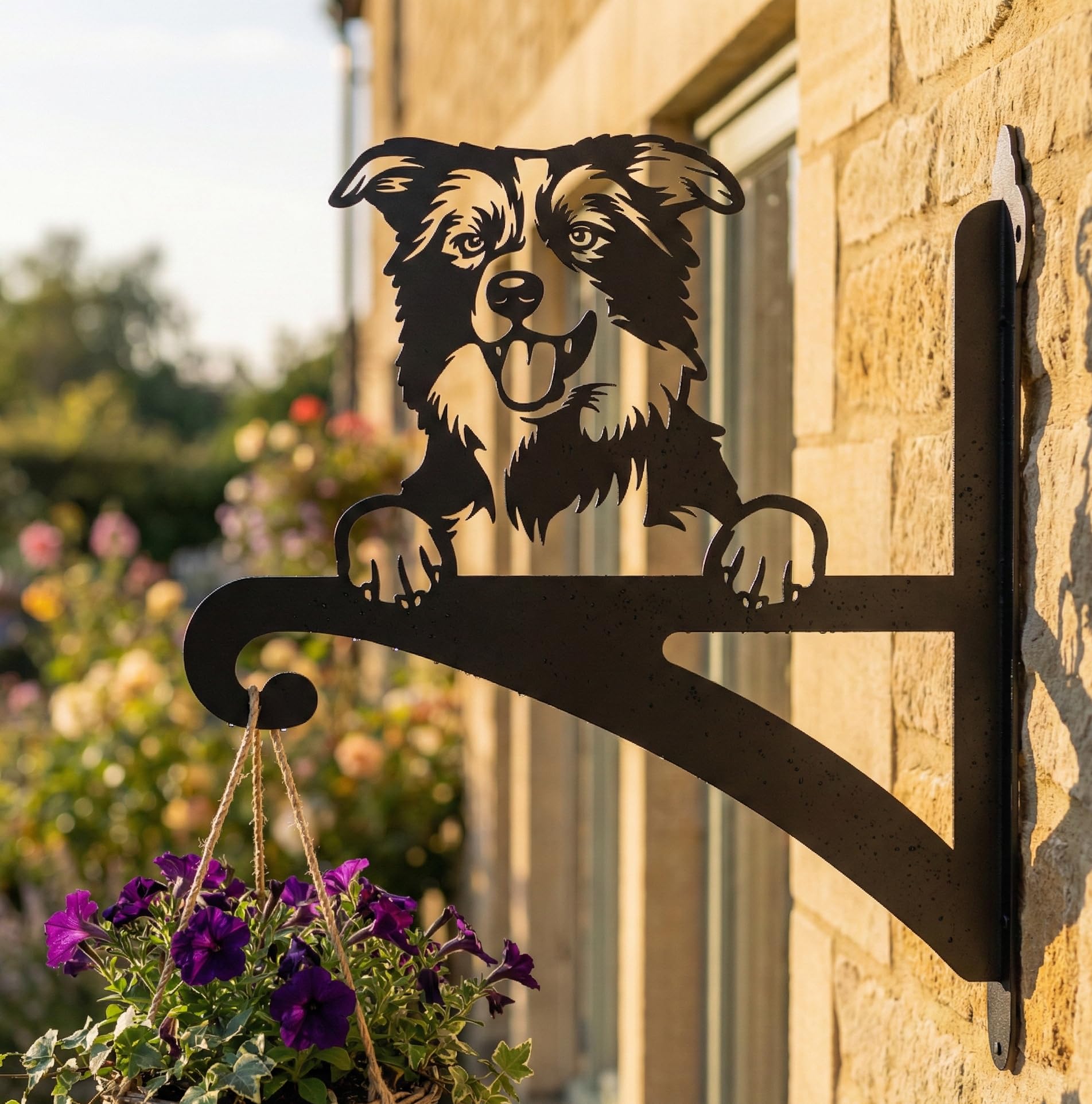 Laser hut - Hanging Basket Bracket, Border Collie, Dog Lovers, Heavy Duty, Garden Gift, Powder Coated
