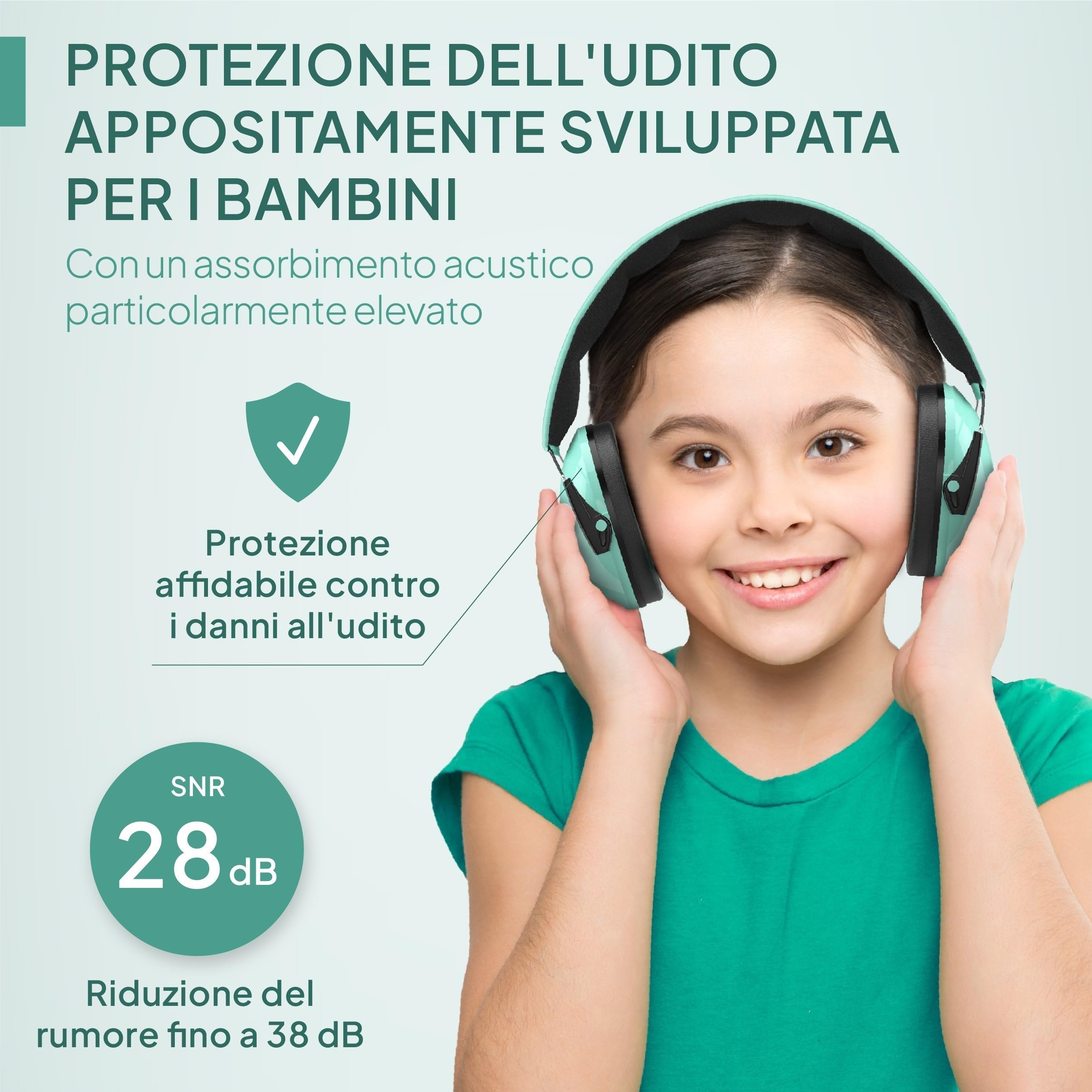 Senner ® KidsPro | Protezione uditiva bambini - Cuffie antirumore con SNR elevato di 28 dB - fino a 12 anni - regolabile - Paraorecchie per bambini - Turchese