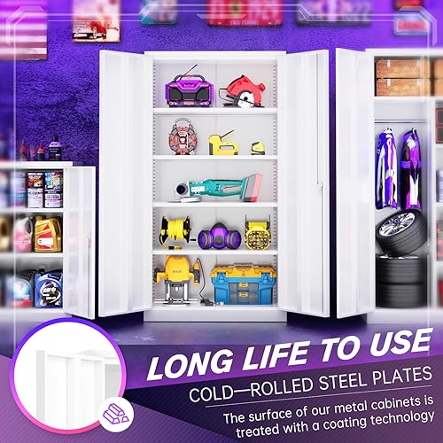 Miniatura 6 de Superday Gabinetes de almacenamiento de metal, gabinete de almacenamiento de acero de 71 pulgadas con cerradura, armario alto blanco con 2 puertas y