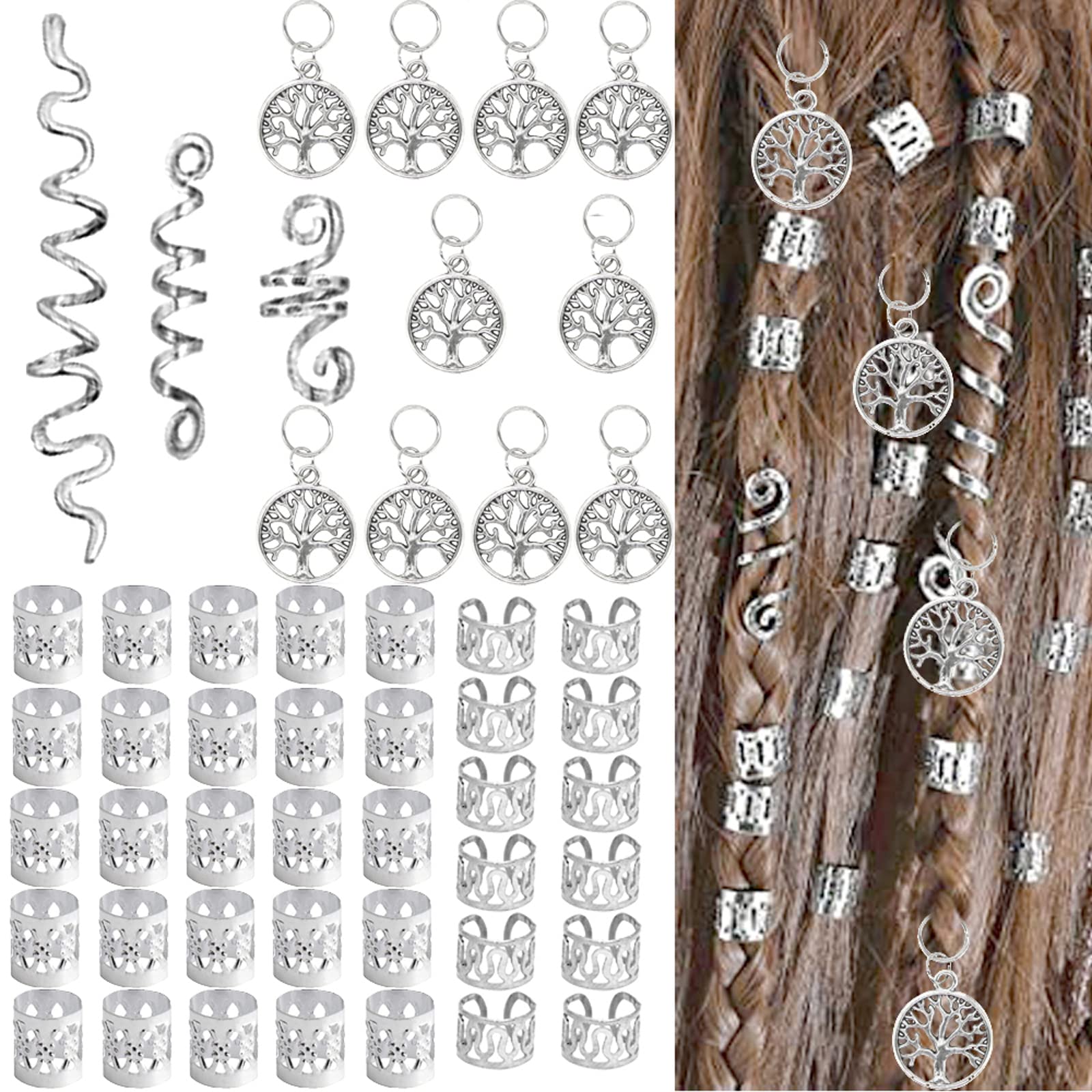 50pcs Anillos de Trenza de Pelo Rastas de Metal Dreadlocks de Accesorios Plata Cuentas de Cabello Decoración Trenzado Joyería de Cabello para Hombres y Mujeres
