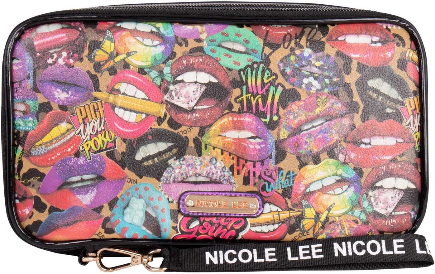 NICOLE LEE Cosmetic Makeup Brush Organizer Zip Bag, Multiple Travel Compartments, Removable Wristlet Strap (All Emotion)