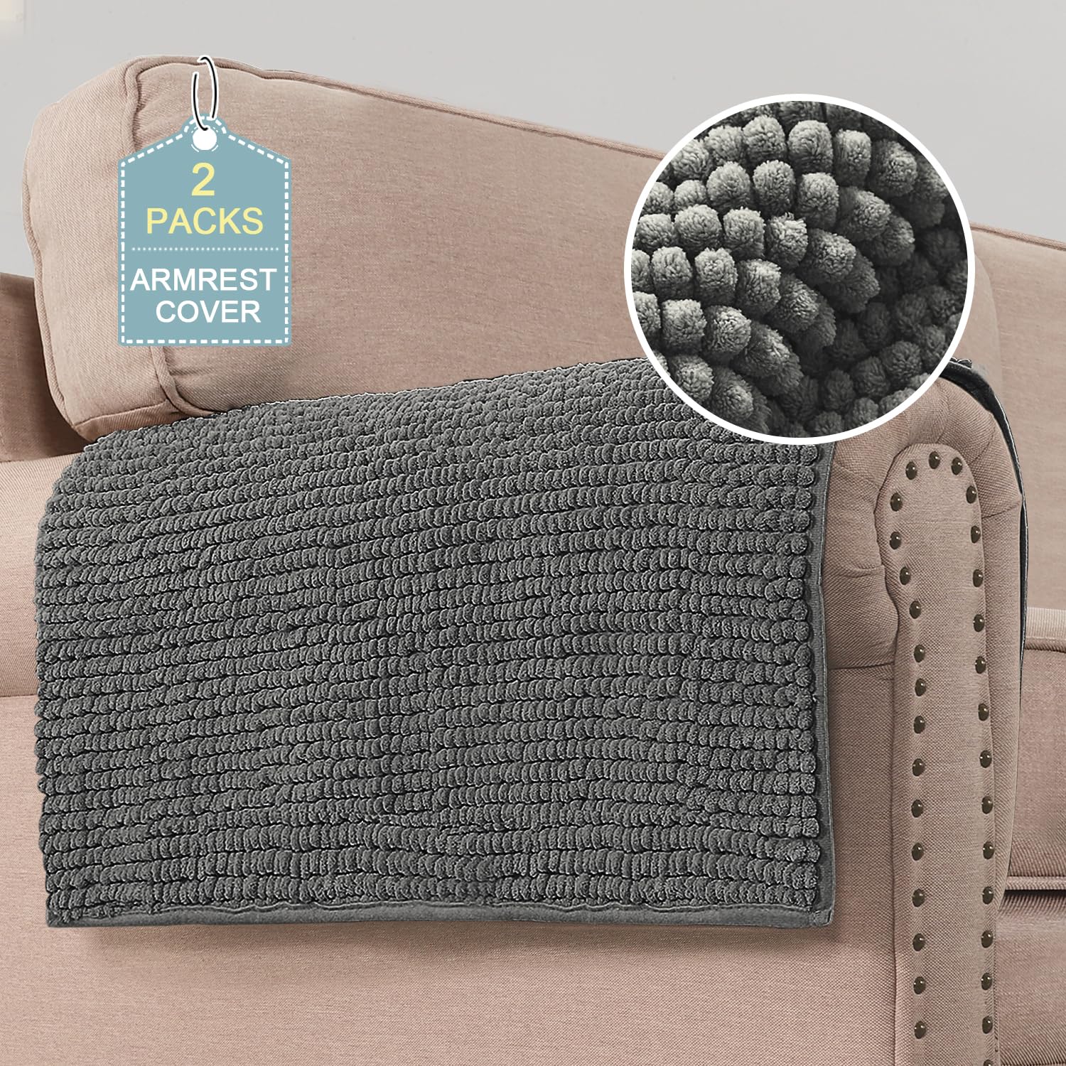 H.VERSAILTEX Plush Chenille Couch Armrest Cover 2 Packs Thick and Soft Sofa Covers Furniture Protector Cover for Pets (27.5" x 27.5", Grey)