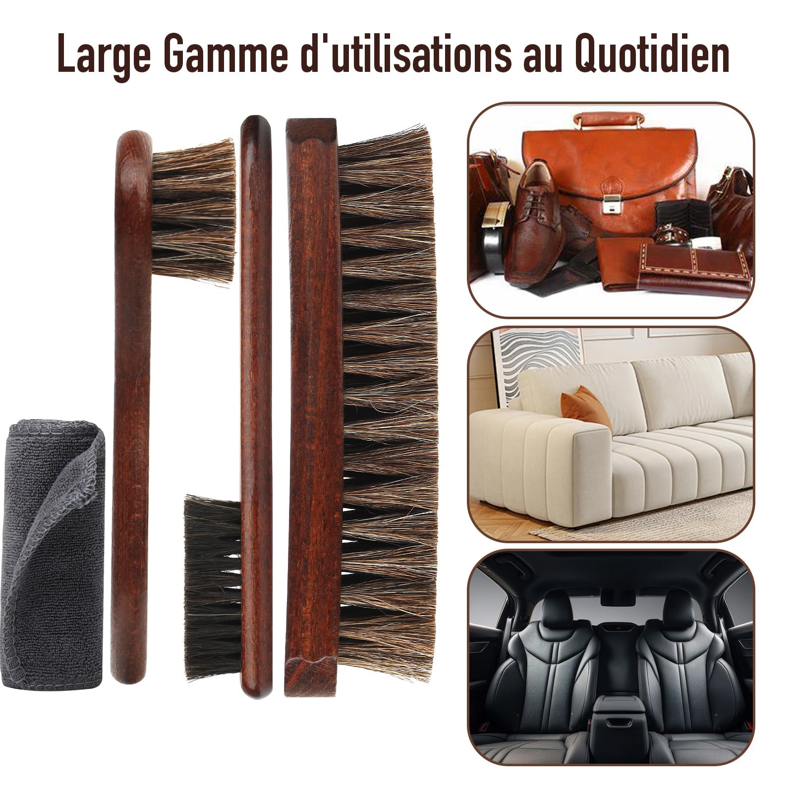 Kit Brosse Chaussure & Cuir 4 Pièces - 100% Crin de Cheval Naturel & Microfibre - Set d'Entretien Premium pour Chaussures, Sacs à Main, Bottes, Canapés et Intérieur Auto - Sans Rayures