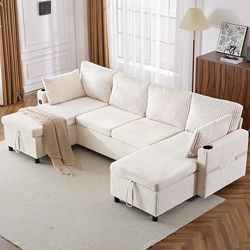 ERYE 113-Inch U-Shaped Pull Out Sleeper Couch Bed, Modern U Shaped Symmetrical Sleeper Sectional Sofa Convertible Sofa Bed with Storage Chaises & USB-C Ports for Living Room
