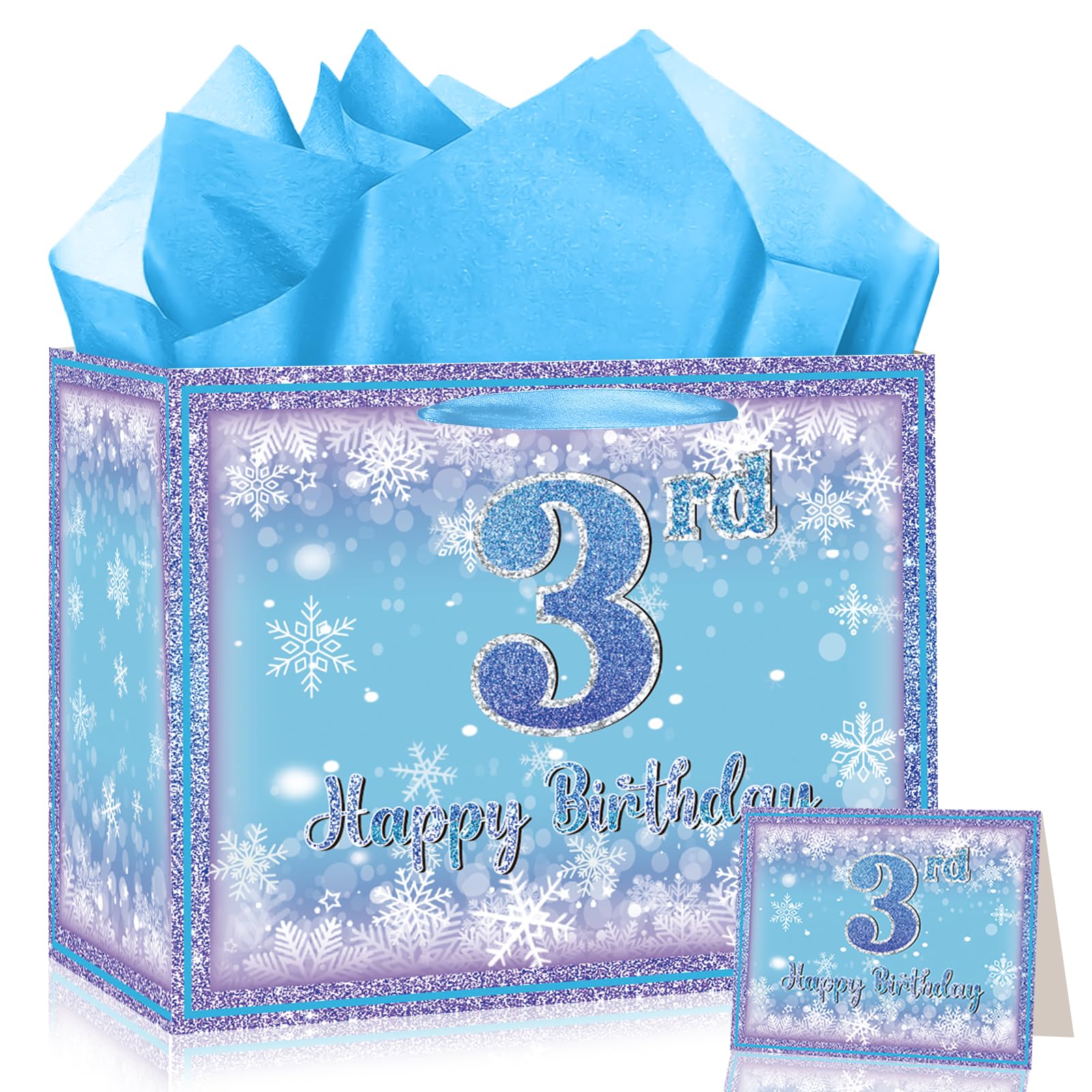Cartoon 3rd Birthday Gift Bag for Girls, Purple Blue Snowflake Third Birthday Party Favor Bags with Tissue Paper and Greeting Card Sweet Snow 3 Years Old Gift Bags for Girls 3rd Bday Christmas Gift