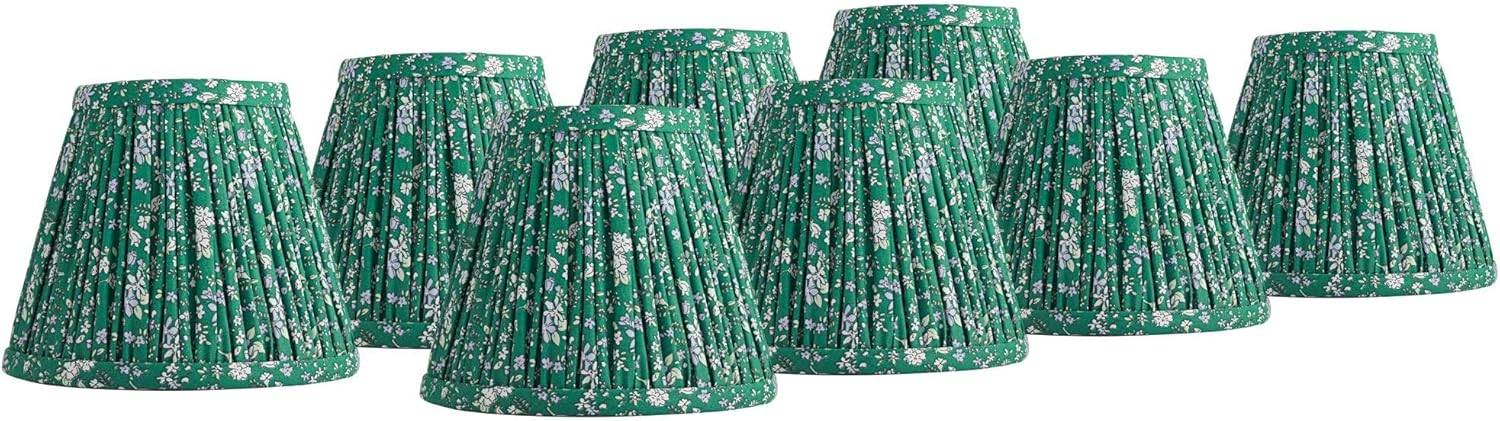 3 1/2" Top x 6" Bottom x 5" High x 5" Slant Print Cottage Core Lamp Shade Replacement Set of 8 Small Green Violet Empire Farmhouse Country Fabric Pleated Floral Clip On Candelabra - Springcrest