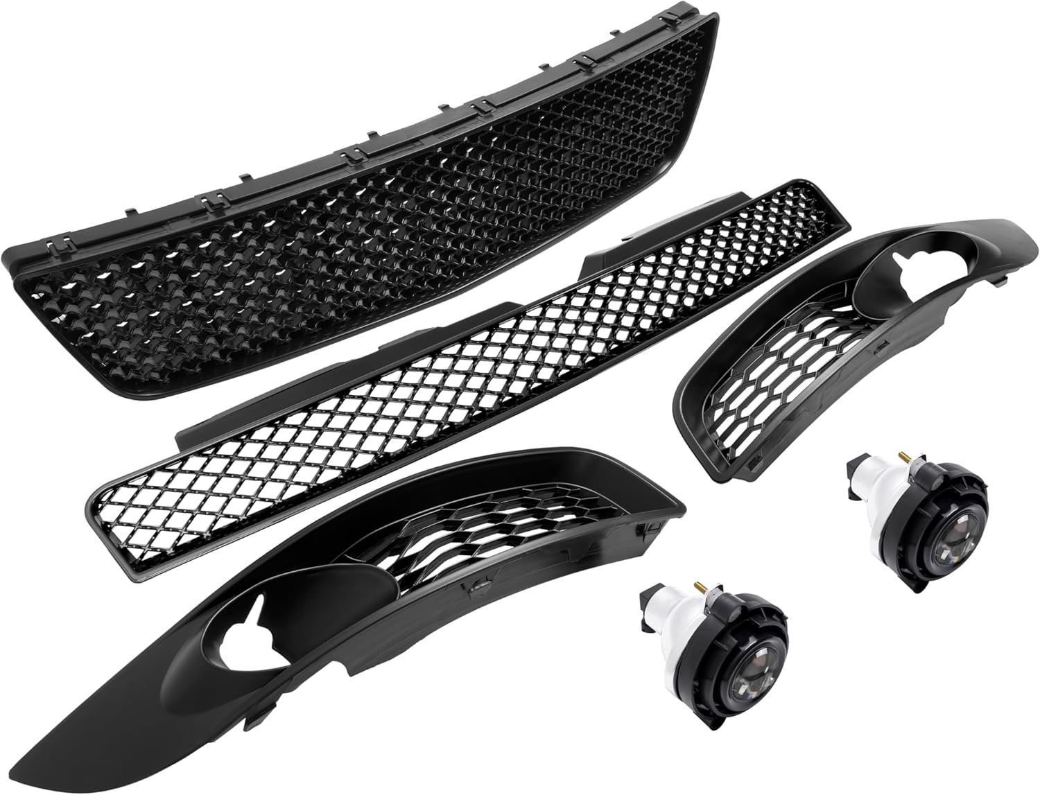 HECASA Upper & Lower Grille + Fog Lights & Bezels Compatible with 2006-2013 Chevy Chevrolet Impala All Models 2014-2016 Chevy Impala Limited Front Bumper Grill Plastic(ABS+PP)+Glass Black
