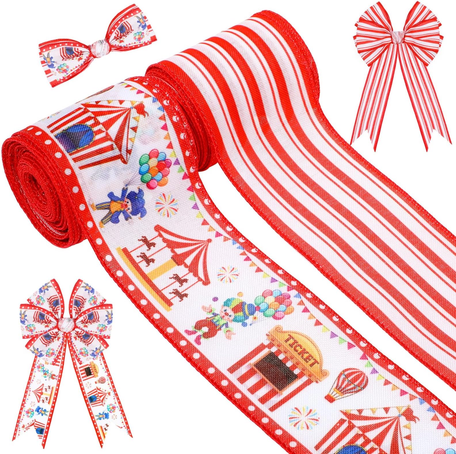 2 Rolls 10 Yards Carnival Circus Theme Wired Edge Ribbon 2.5 Inch Circus Tent Clown Carousel Printed Craft Ribbon for Gift Wrapping Wreath Bow Carnival Party Birthday Decoration