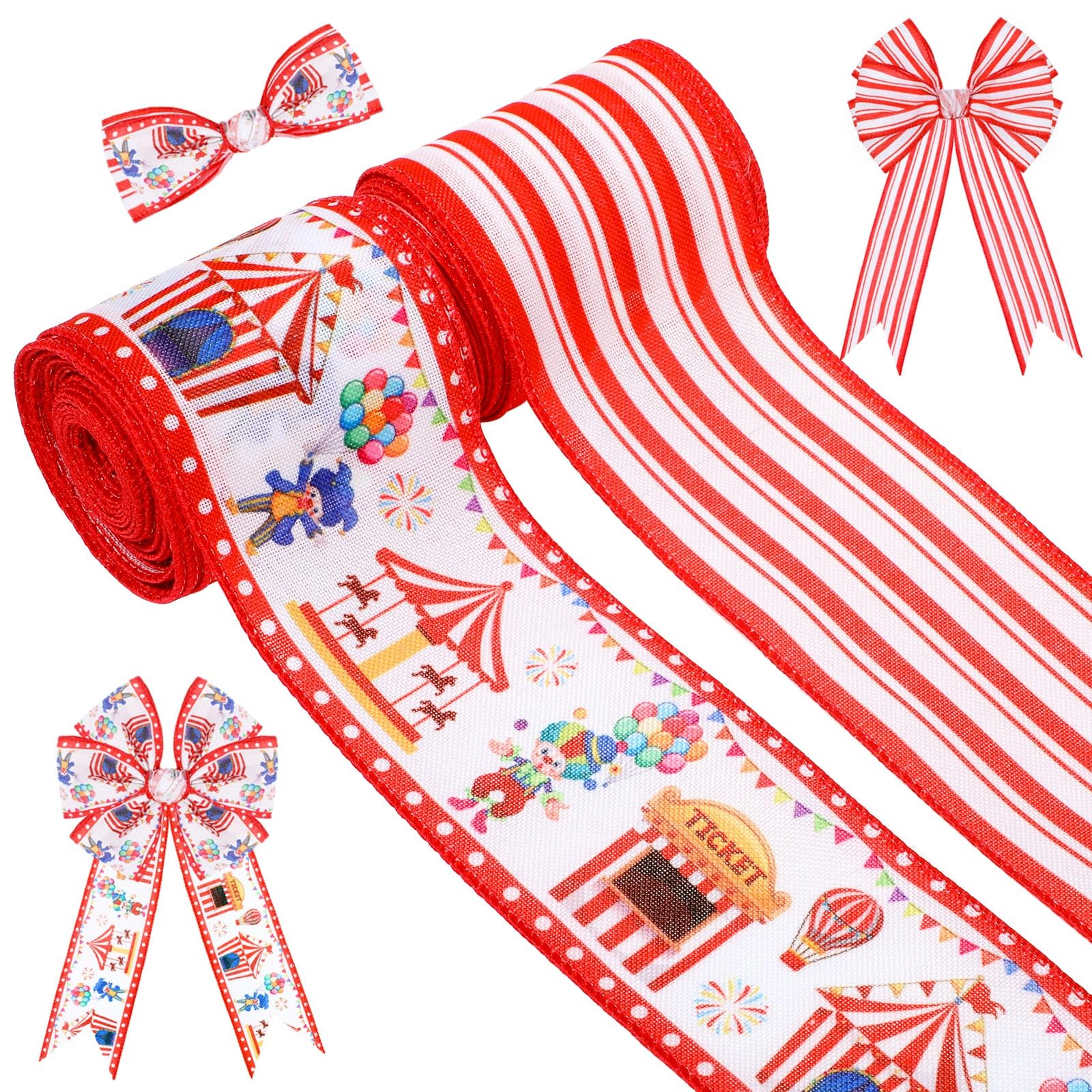 Photo 1 of 2 Rolls 10 Yards Carnival Circus Theme Wired Edge Ribbon 2.5 Inch Circus Tent Clown Carousel Printed Craft Ribbon for Gift Wrapping Wreath Bow Carnival Party Birthday Decoration