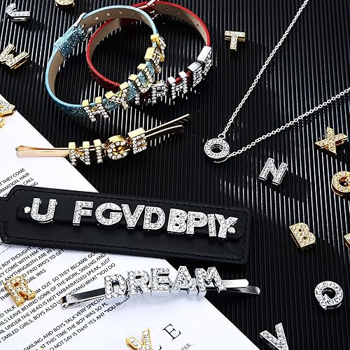 Miniatura 10 de 104 dijes de diamantes de imitación con letras del alfabeto A-Z de 0.31pulgadas (8 mm) de aleación para manualidades, pulseras, collares,