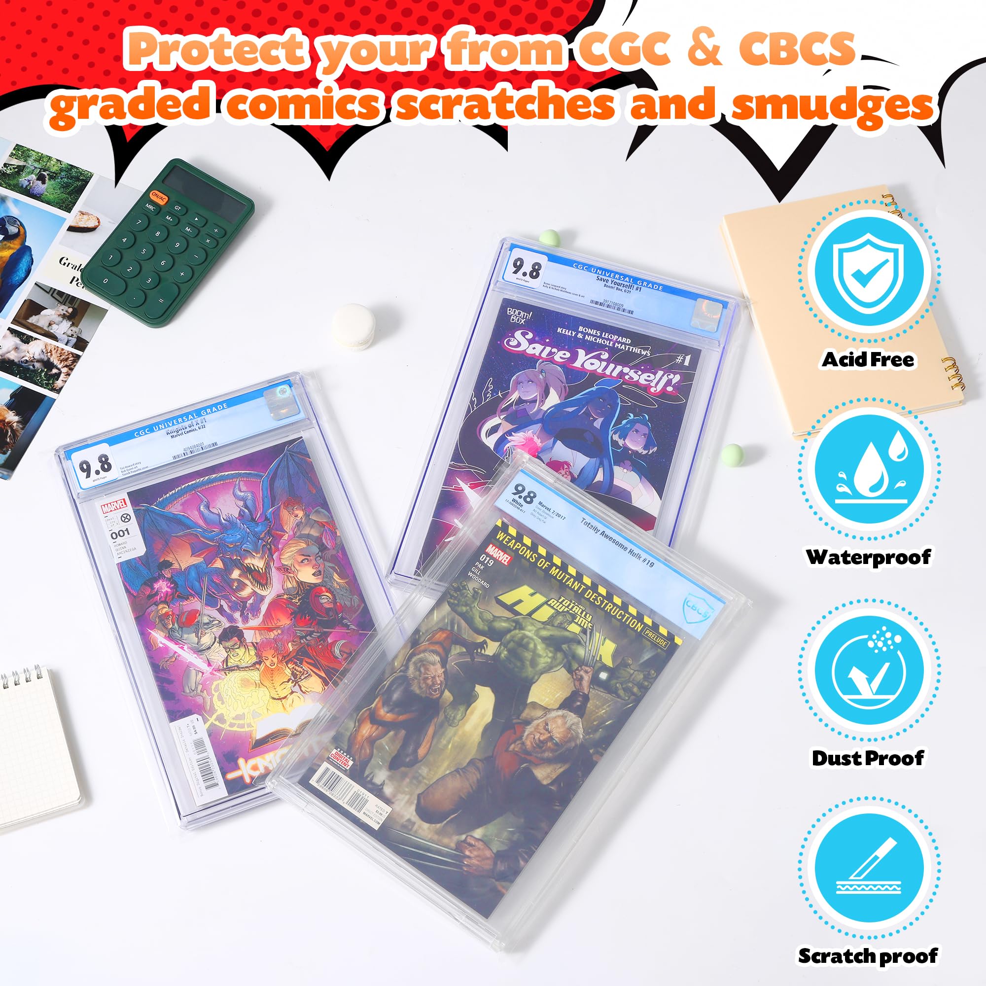 50 Pcs Resealable Graded Comic Book Bags,Clear Plastic Comic Sleeves for CGC and CBCS Slabs Collection Storage Protection