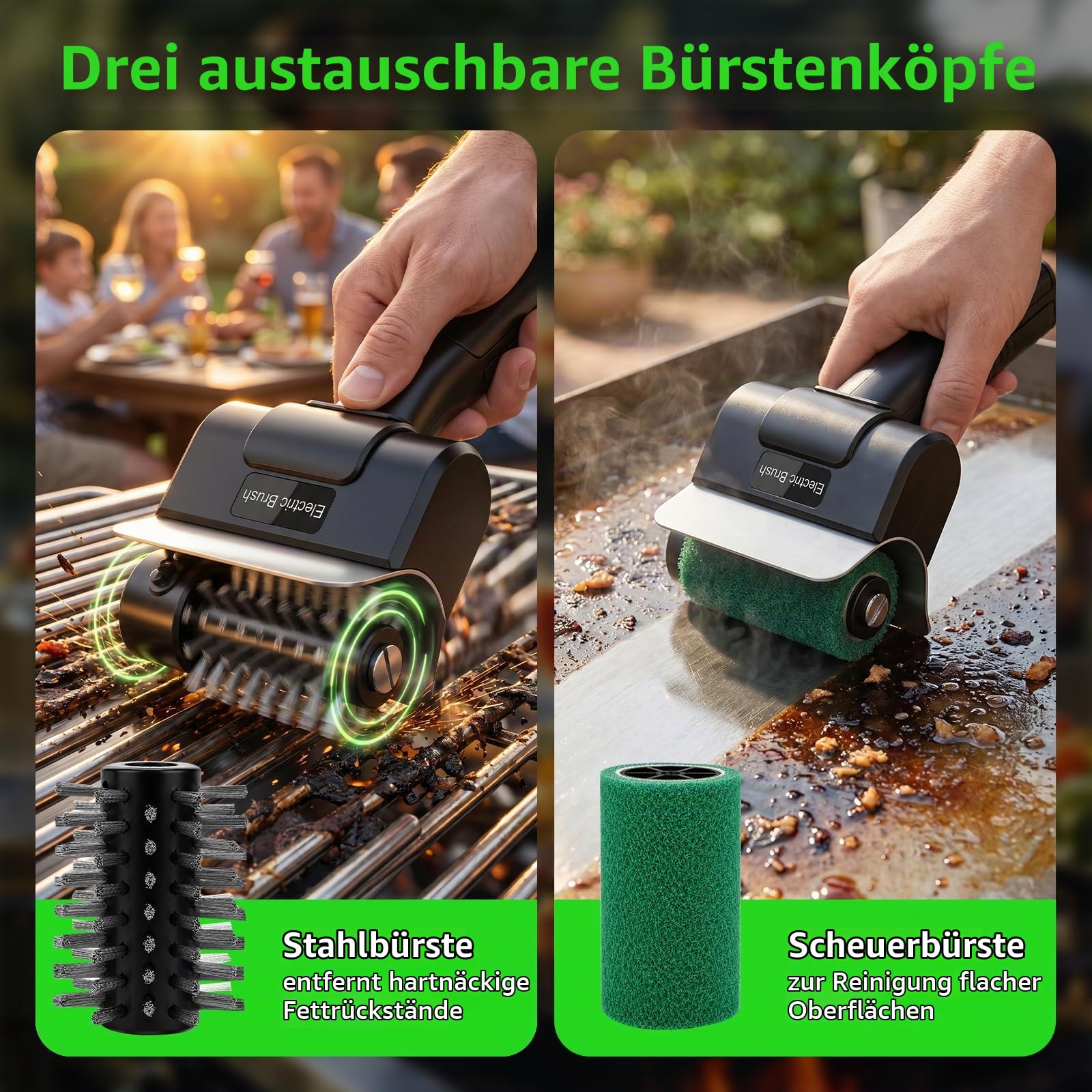 Elektrische Grillbürste, Wiederaufladbar Grillreiniger mit 2 Bürsten