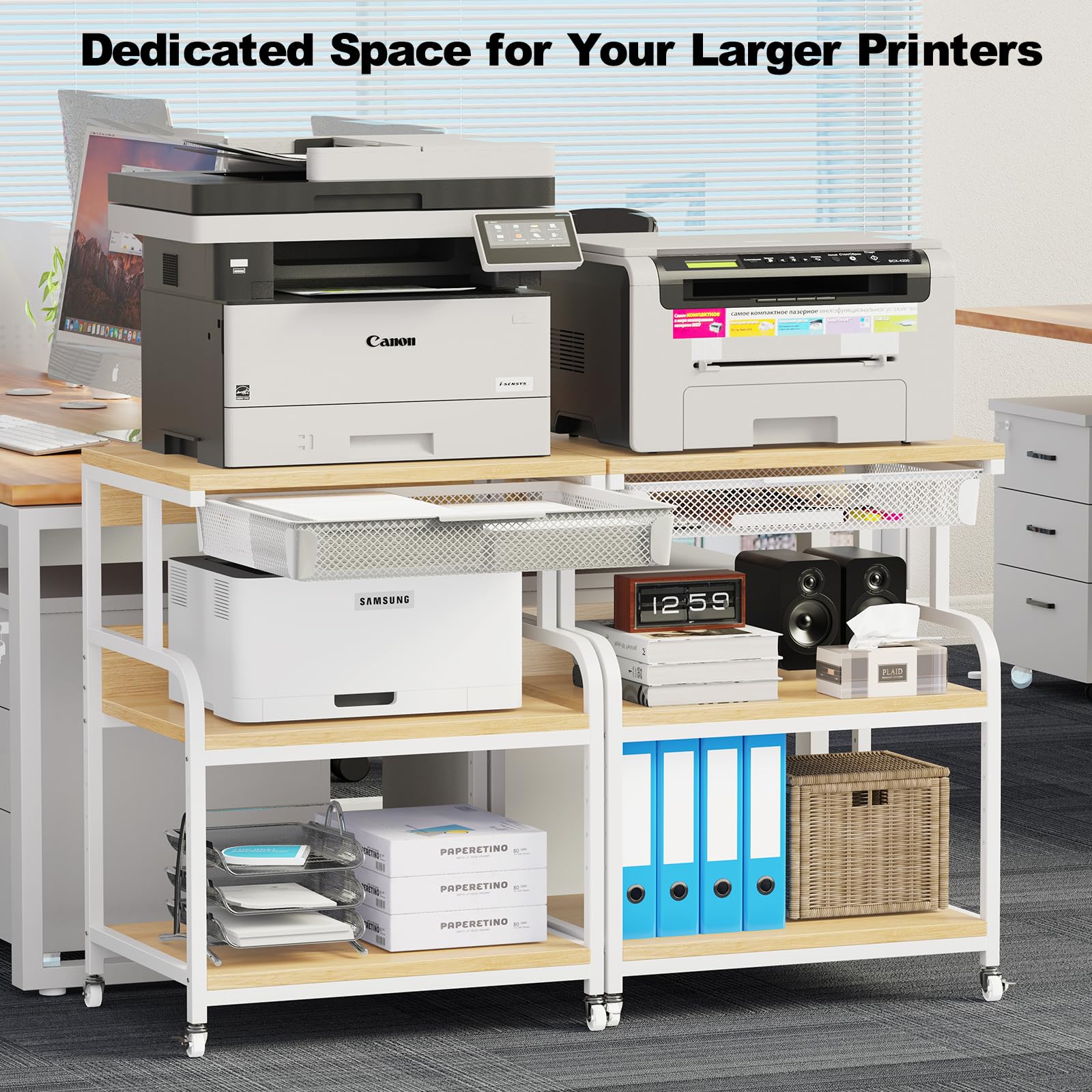 EasyCom Extra Large 3 Tier Printer Table with Wheels, 5-Adjustable Heights, Drawer & Storage for Printer Scanner Fax Home Office Use