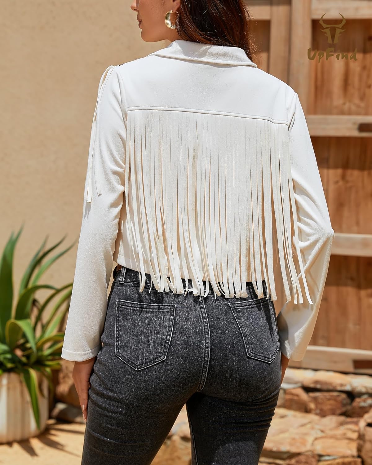 Women's Fringe Faux Suede Leather Jackets Fashion Fall Western Tassel Motorcycle Cropped Open Front Coats with Rivets - Image 2