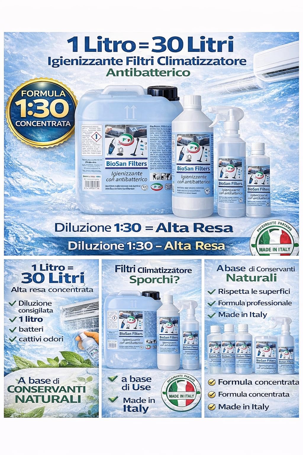 PIP Detergente Concentrato Bio FoodSan Filtri, Concentrato Tanica 10 Litri Pari a 300 Litri Pronto Uso, Pulizia Filtro Climatizzatore Condizionatori Professionale HACCP