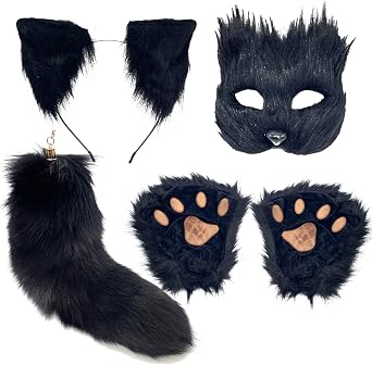 Cat Mask and Tail Set Cat Mask Tail Cosplay Fox Mask Wolf Tail cat ears paws for women Halloween