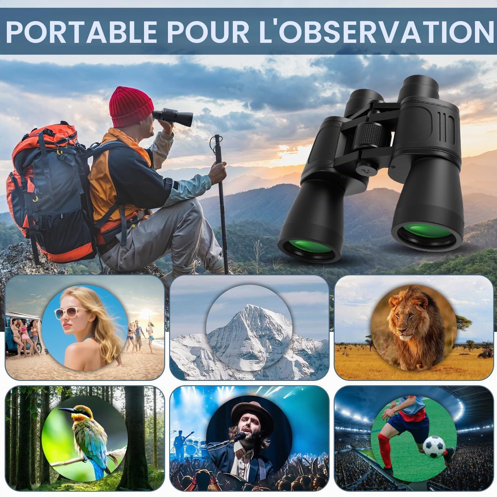 Jumelles 20 x 50 haute puissance HD prisme porro professionnel jumelles civiles étanches compactes avec faible vision de lumière, pour voyage, camping, observation des oiseaux, cratères lunaires