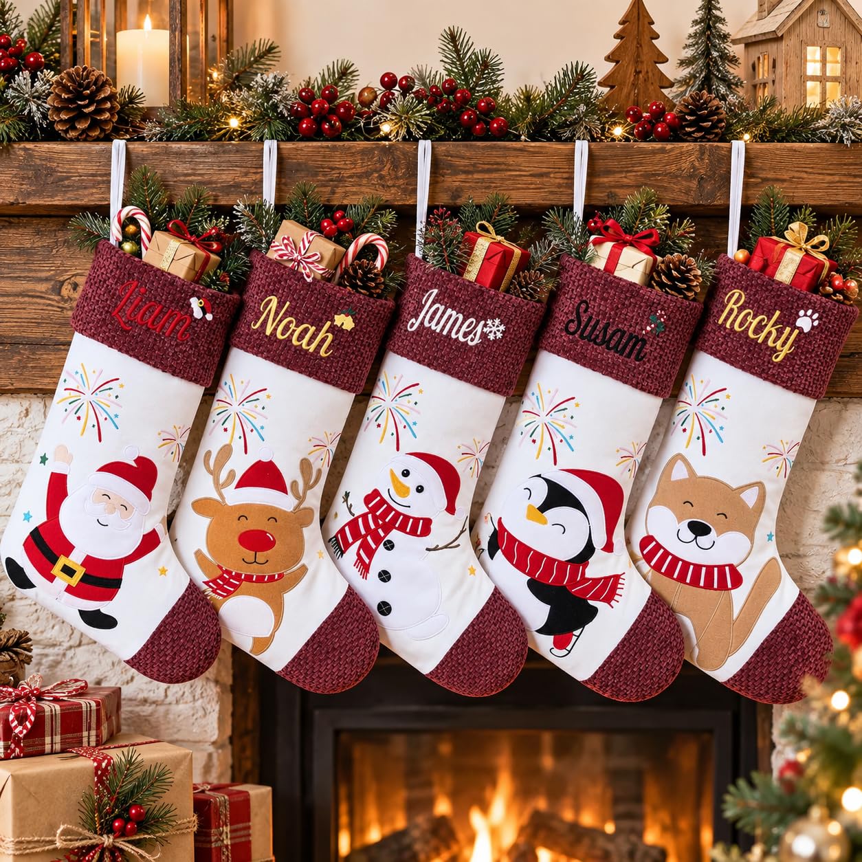 Infiher Personalised Christmas Stockings with Name & Monogram,Custom Embroidered Xmas Stocking with Chenille Cuff,Santa,Snowman & Reindeer Stocking for Family & Fireplace Holiday Decor(3 Pack) — image 1