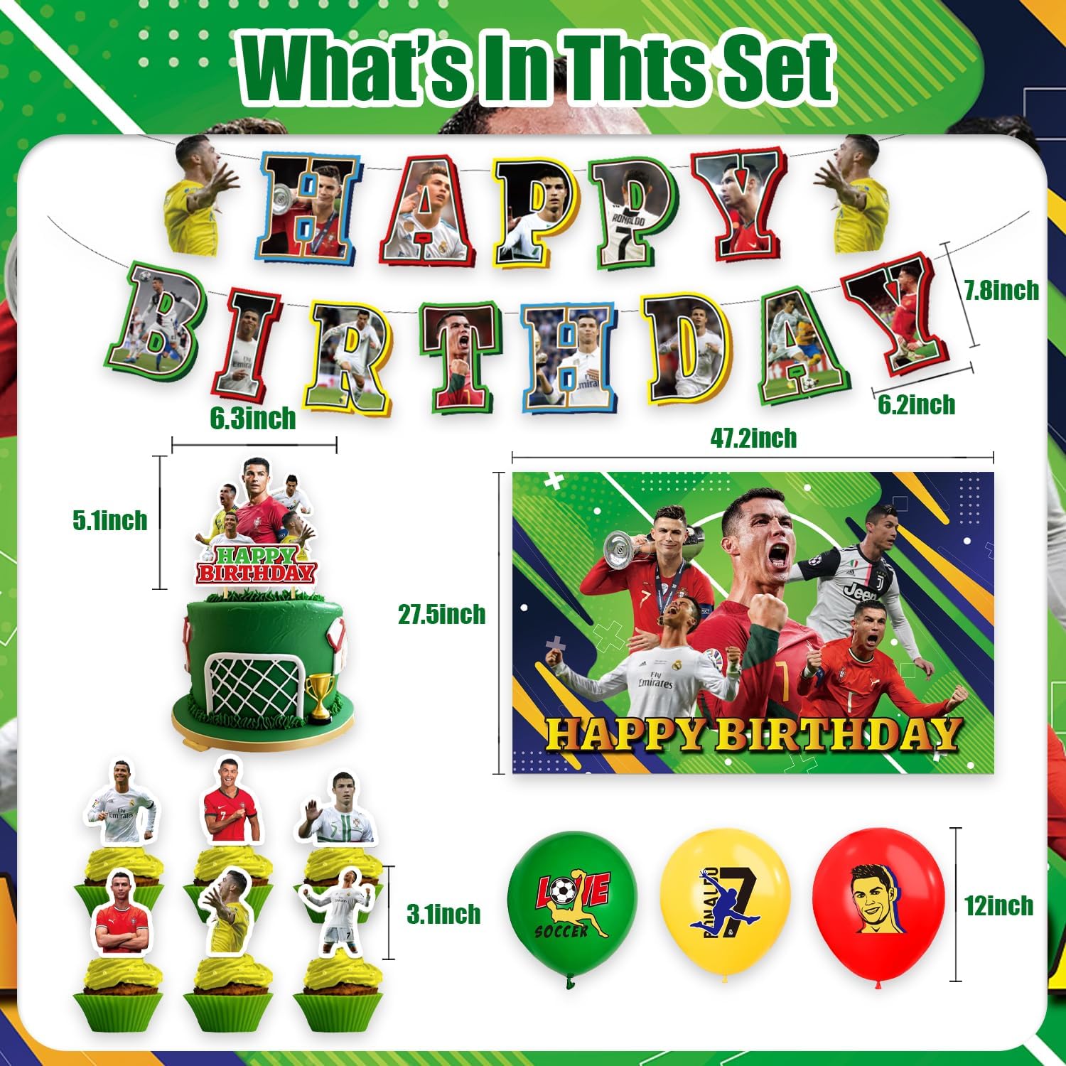 42Pack Soccer Ronaldo Party Supplies Pack Includes，Banner，Cake Topper，Blackdrop,Balloons for Soccer party Decoration