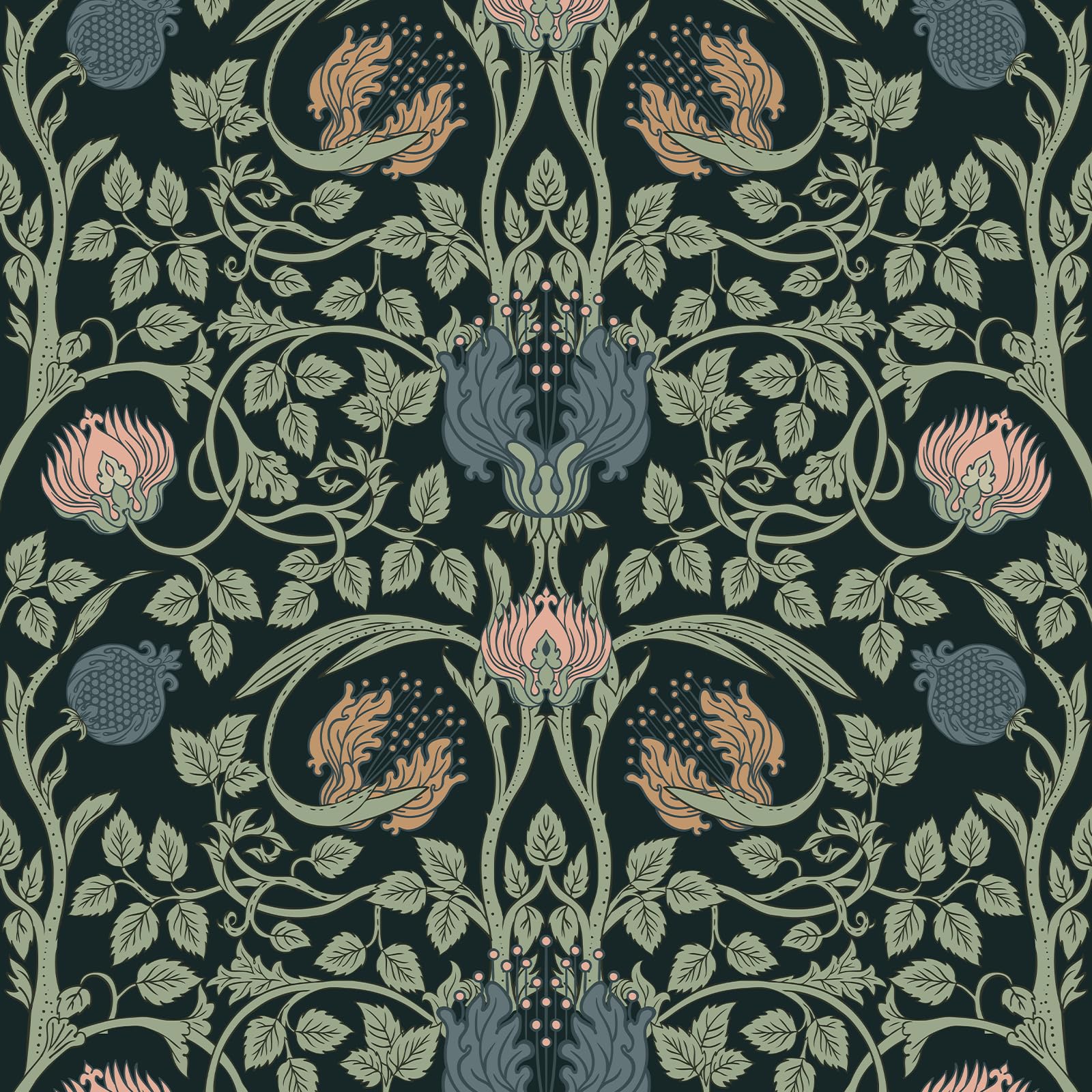 VEELIKE Carta Da Parati Retro Floreale Scura Preincollata Vintage Nera Autoadesiva Rimovibile William Morris Art Nouveau Per Camera Da Letto Bagno Soggiorno 45 X 900 Cm
