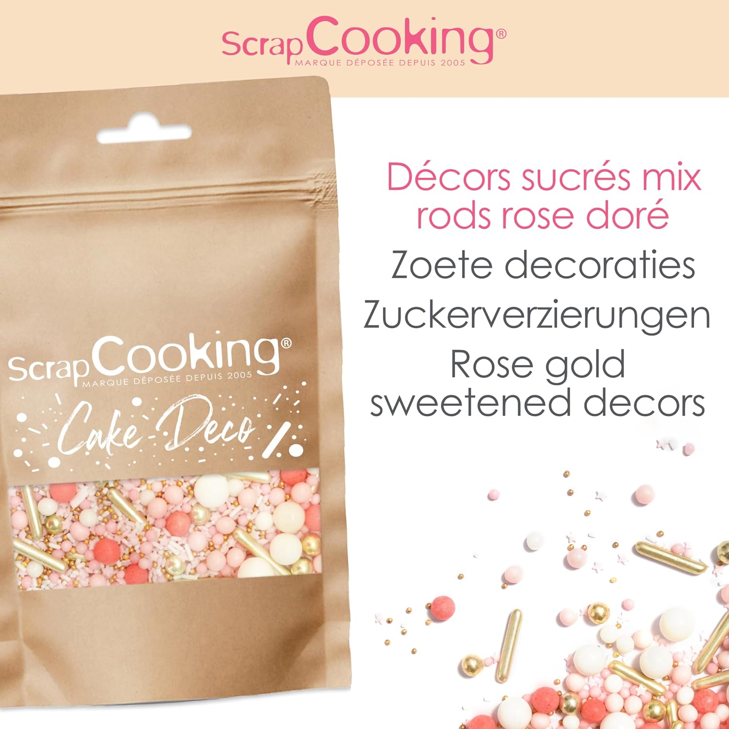 ScrapCooking - Décors Sucrés Rods Rose & Or 70g - Sprinkles Pâtisserie Roses & Dorés Comes - Mise en situation et utilisation