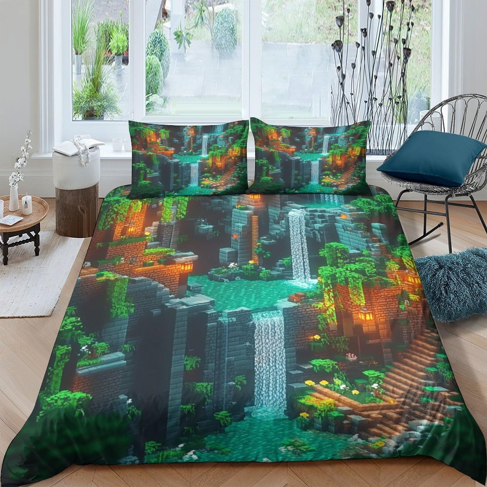 Ctjqhvkz Style-8 3D Printed Waterfall Forest Fitted Sheet Microfiber Anti-Slip Machine Washable Jungle Mattress Cover Bedroom Decor Single（135X200cm）