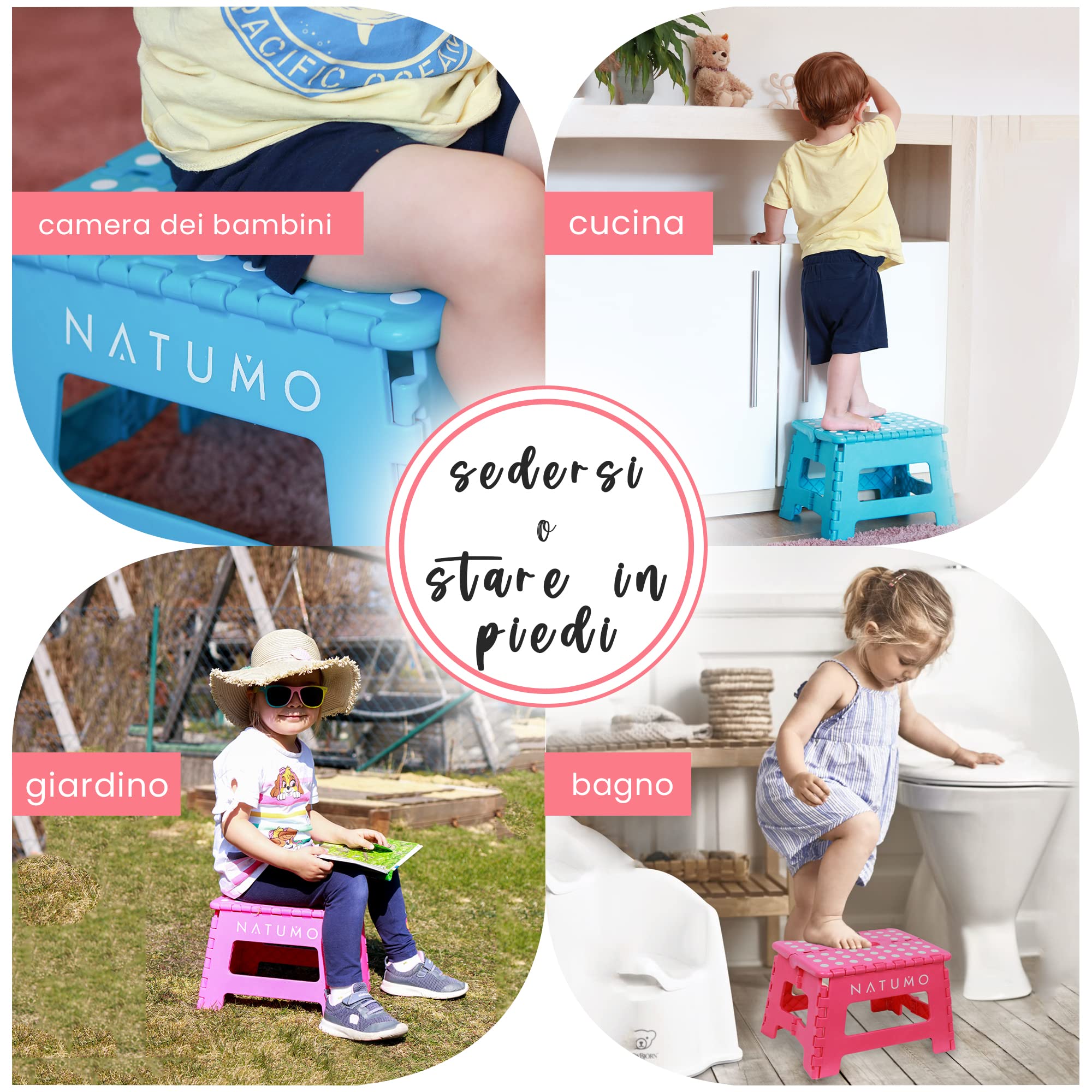 NATUMO® - Sgabello pieghevole di alta qualità, portata 150 kg, per cucina, bagno, giardino, per bambini e adulti