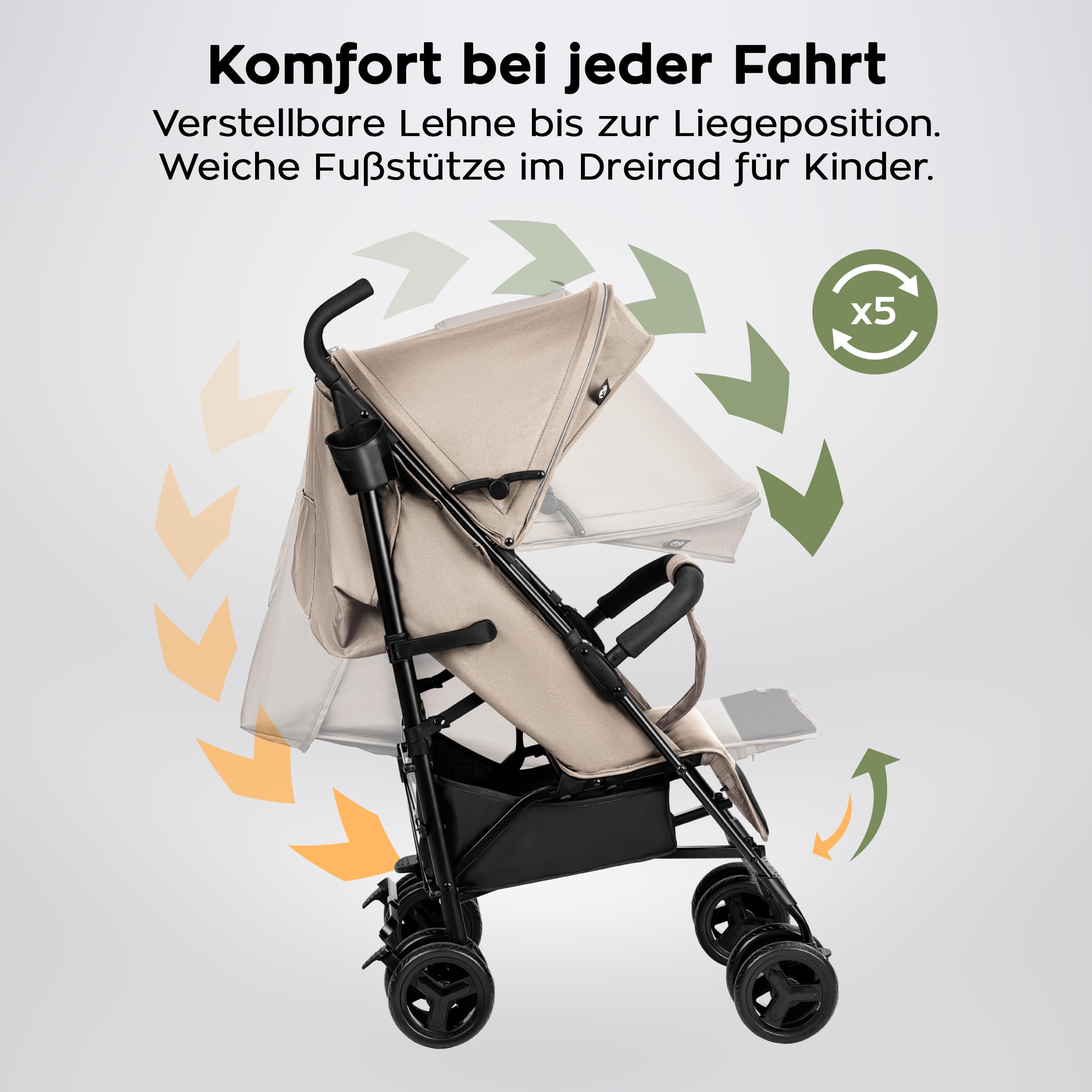 Tulano Davos 35 Reisebuggy – Kinderbuggy klappbar mit Liegefunktion bis 25kg – kompakter Kinderwagen Beige
