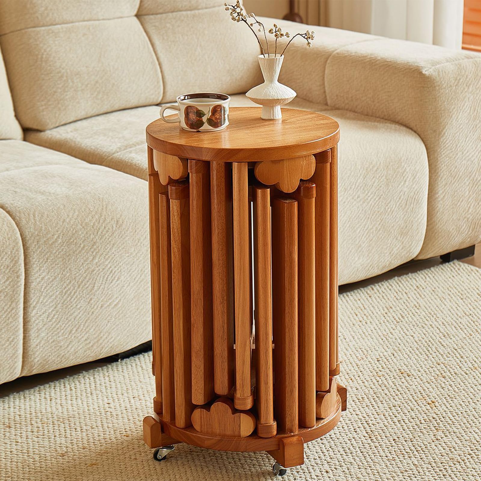 XNZJHPP 6 Stackable Wooden Stools with Wheels - Retro Solid Wood Nesting Chairs for Living Room & Bedroom - Space-Saving, Multifunctional Furniture for Stylish Home Decor (Cherry with Wheels)