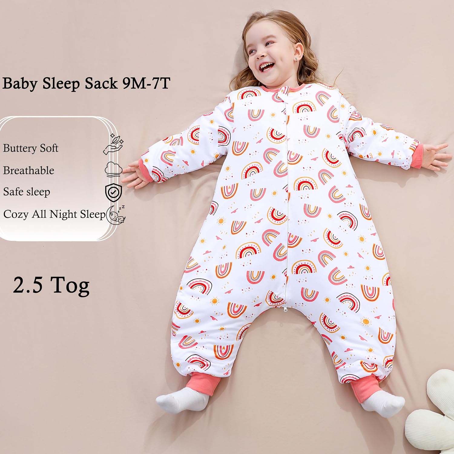 Toddler Sleep Sacks 2.5 TOG Winter Long Sleeve Sleep Sack with Legs 2-Way Zipper Baby Wearable Blanket