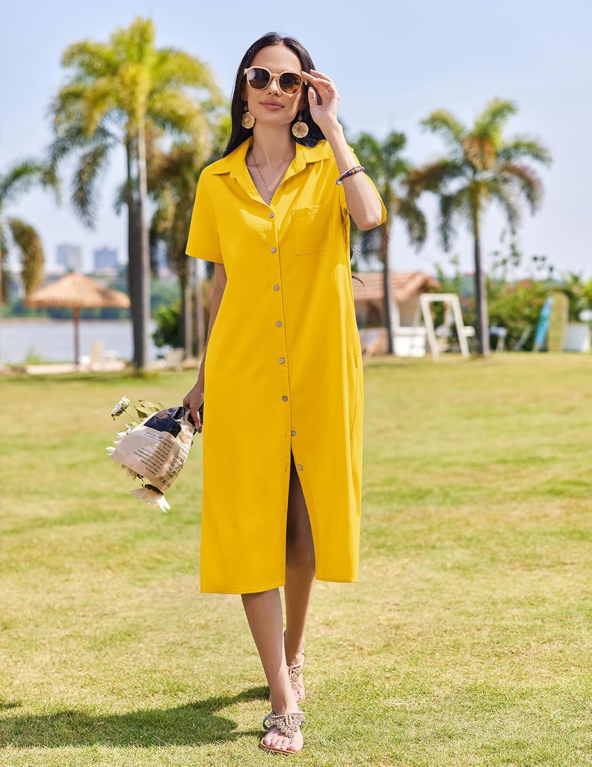 HOTOUCH Womens Dress Summer Casual Midi Short Sleeve Button Down Shirt Dresses Loose Beach Cover Up with Pockets - Image 2