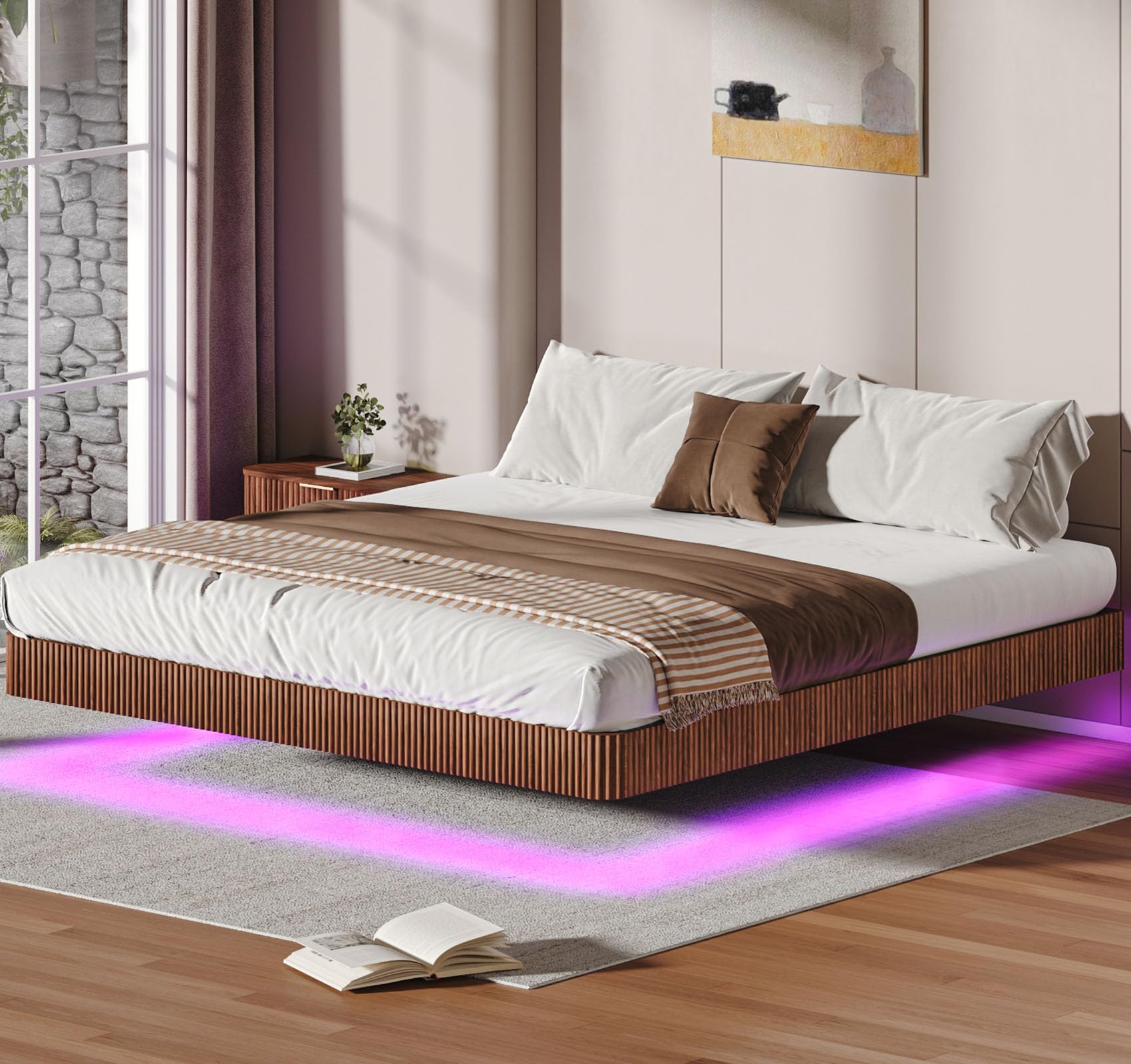 Walnut King Floating Bed Frame with LED Lights Japanese Floating Bed King Size without Headboard Modern Fluted Low