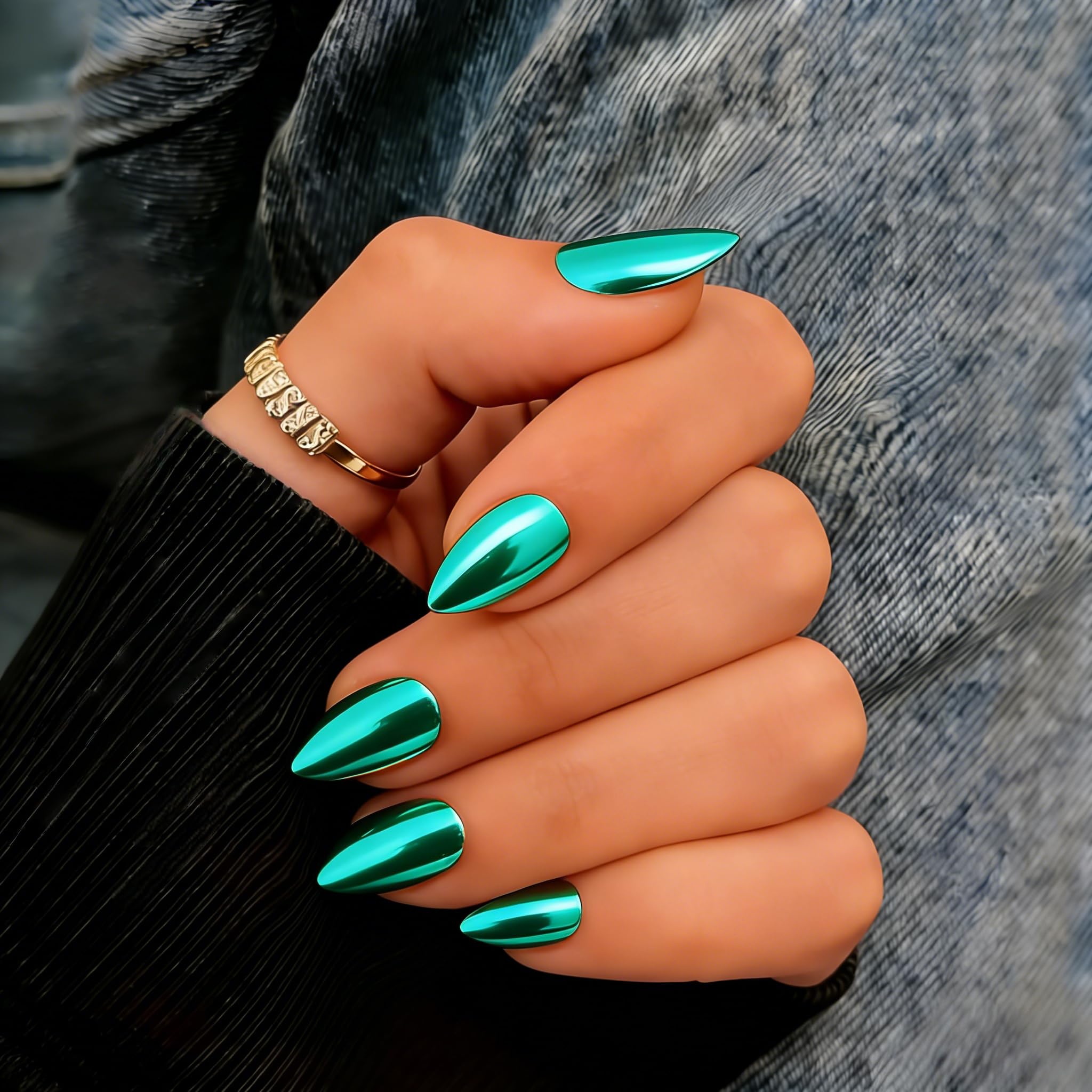 - KQueenest Chrome Press On Nails Short Almond, Metallic Teal Green Fake Nails With Glue, Sparkly Glue on Nails Press ons, Reusable Thick Stick on Nail for Women Party, Glazed Mirror Effect, 30 Pcs