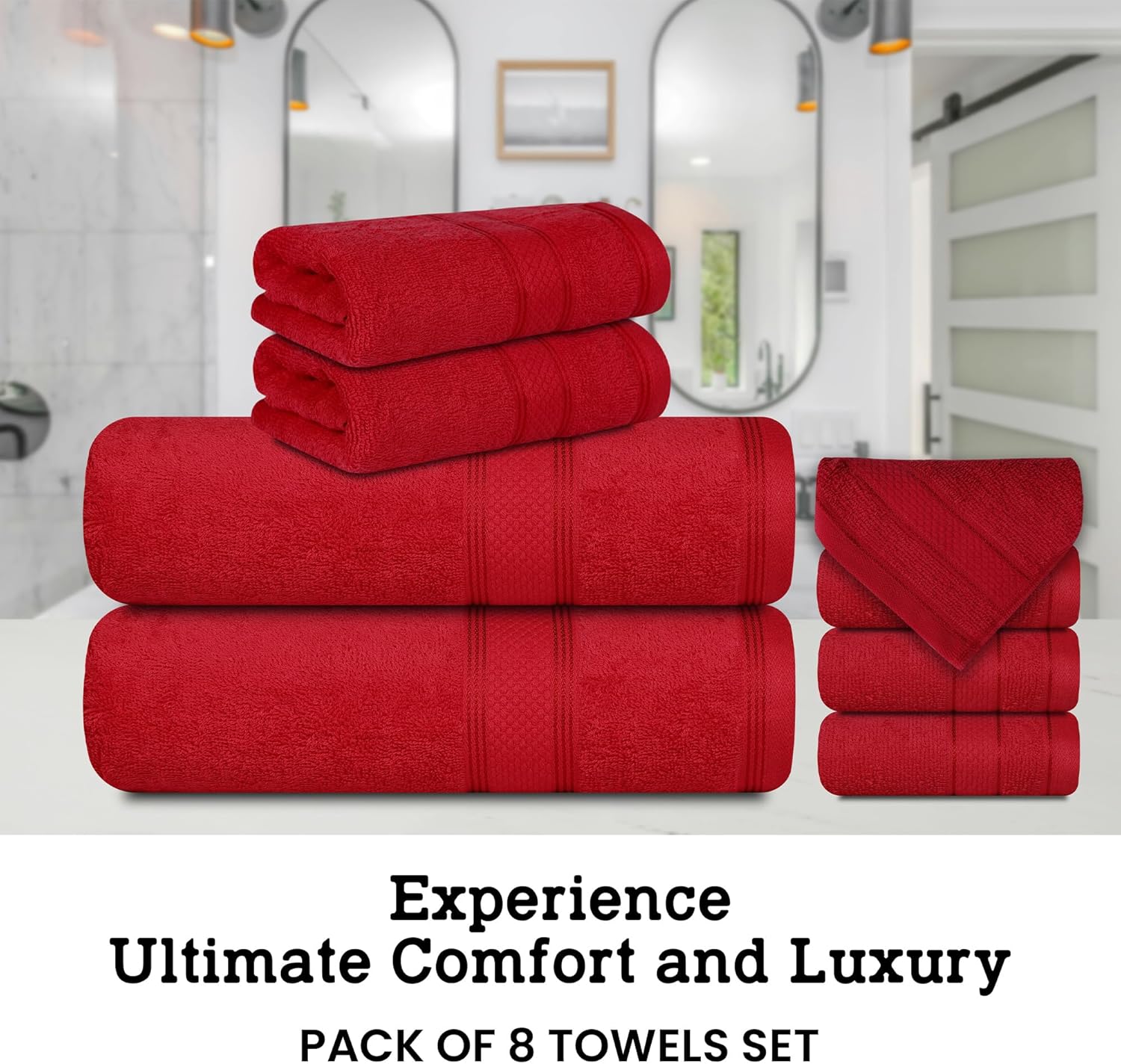 Casa Lino Bath Towel Set of 8 (2 Bath Towels, 4 Wash Cloths & 2 Hand Towels for Bathroom) - 100% Cotton - Highly Absorbent & Quick Dry - Guest Room Essentials for Bathroom Set - (Red), 360 GSM