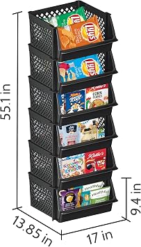 Large Stackable Storage Bins Open Front for Pantry Storage, 6 Pack - Black
