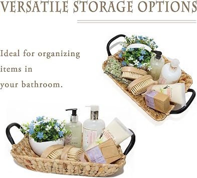 Wickerfield Small Wicker Storage Baskets for Hampers, Shelves, Bathroom Storage, Woven Rattan Basket with Handles, Wicker Tray, Shallow Basket Tray, Water Hyacinth, Seagrass Trays (Rectangular, Small)