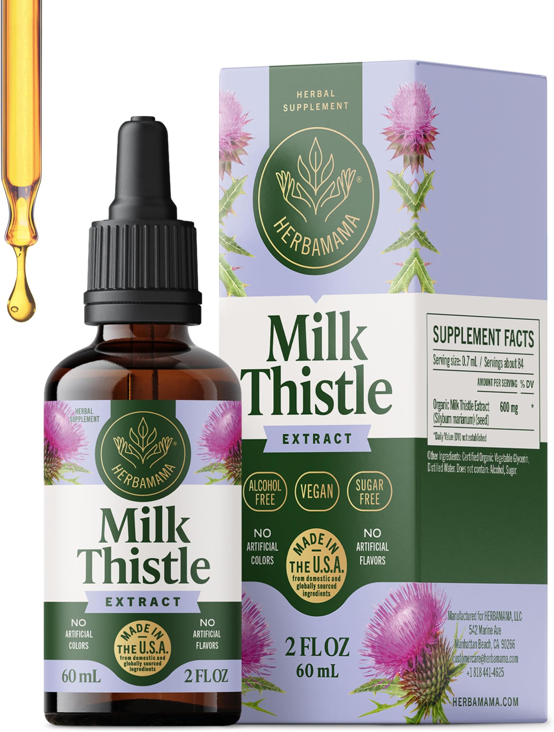 HERBAMAMA Milk Thistle Supplement for Liver Detox Cleanse – Liver Support Supplement – Silymarin Milk Thistle Tincture – Vegan, Non-GMO, Alcohol & Sugar-Free, 28-Day Supply