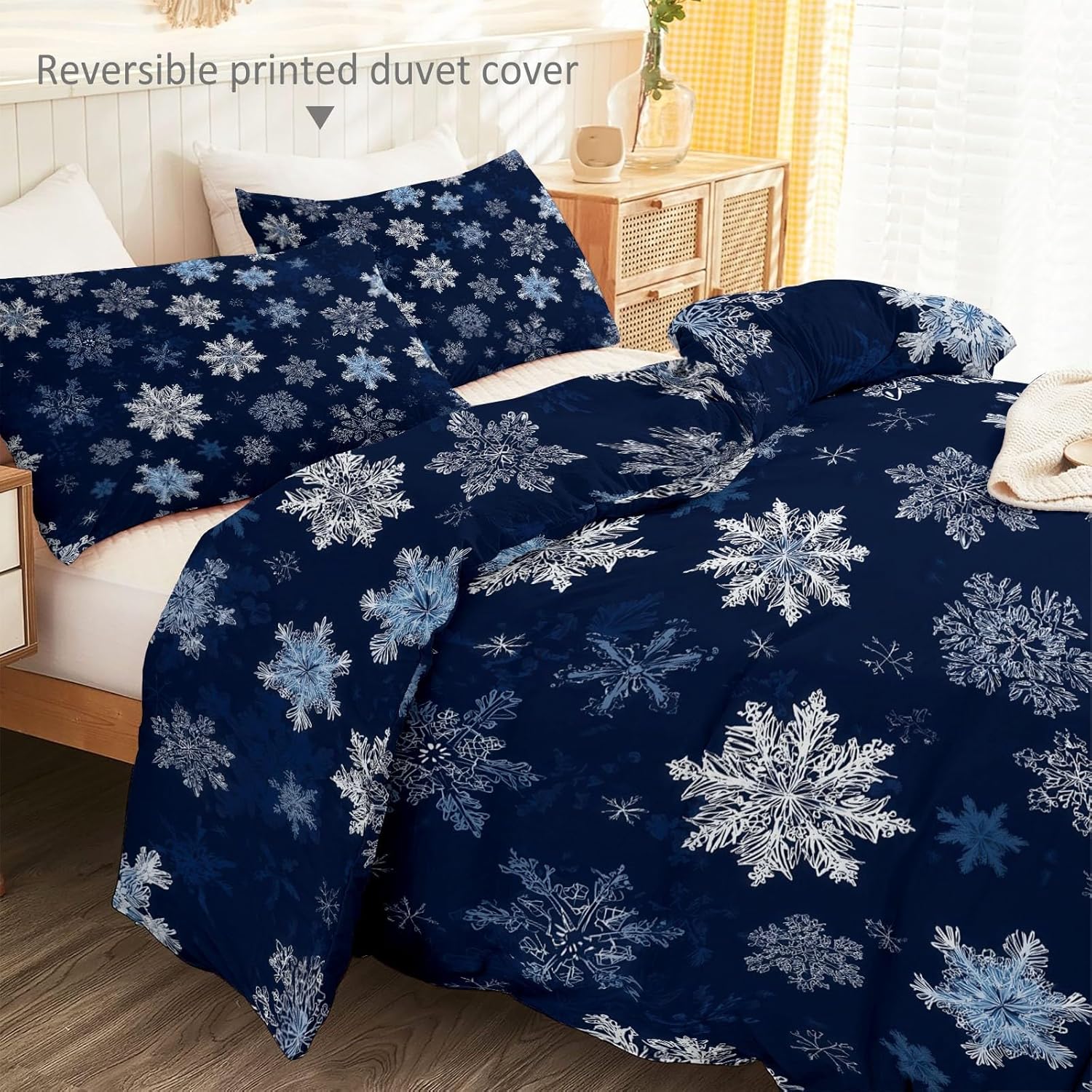 Reversible Duvet Cover Set 1 Cartoon Gradient Snowflake Print Soft & Breathable Dark Blue Microfiber Comforter Cover Set for Kids Teens Room Decor, Twin Size Bedding Set with Zipper Closure & Ties