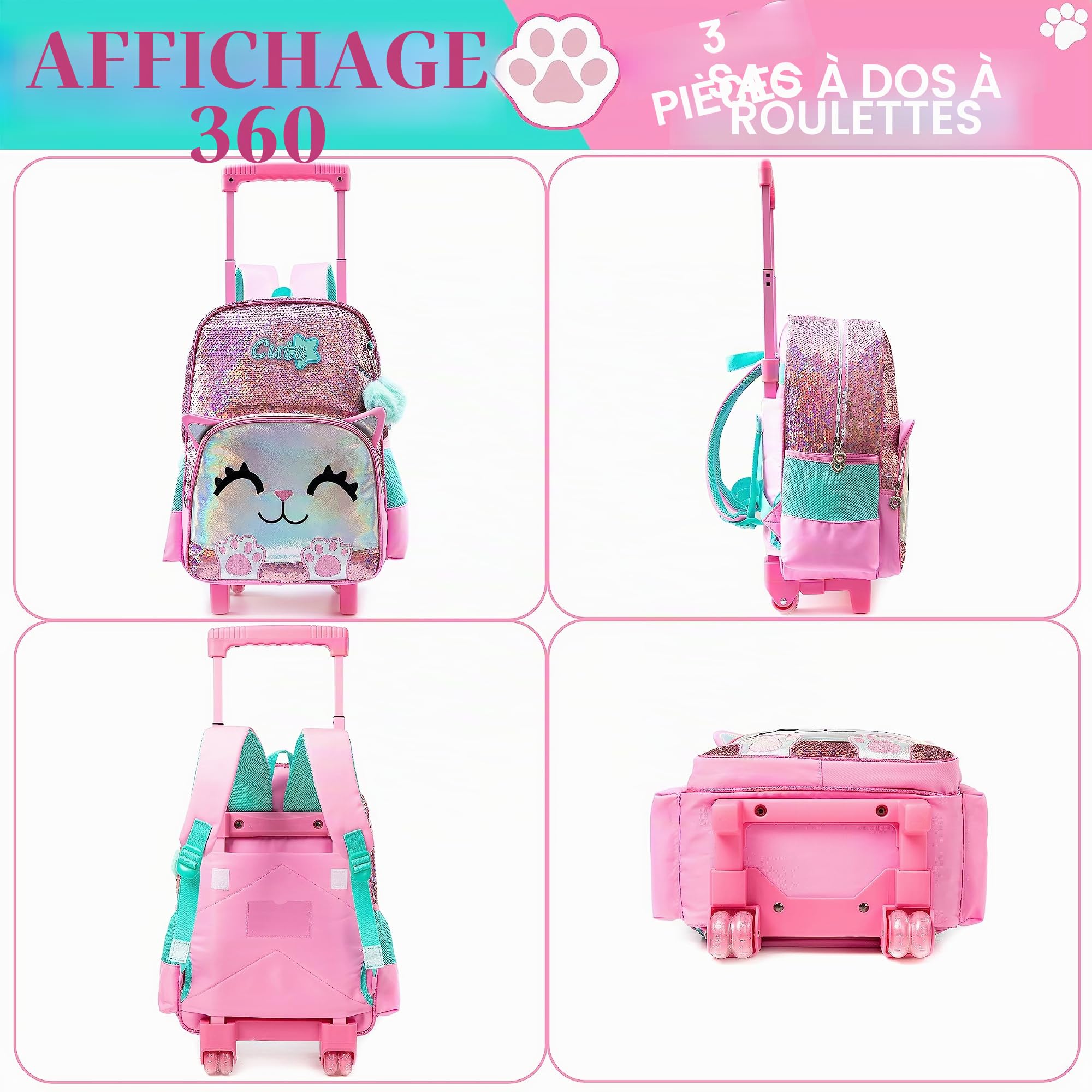 Meetbelify Sac à dos roulant pour les filles mignon sac à dos d’école de chat rose avec des roues enfants paillettes bagage à rouleaux pour les élèves de maternelle élémentaire
