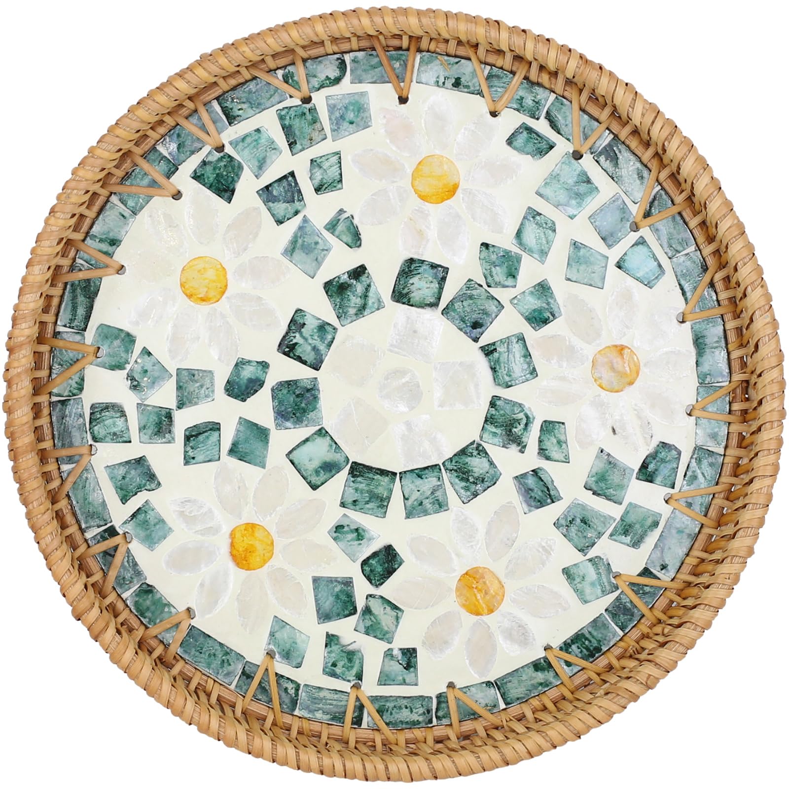 Natural woven rattan round storage tray, inlaid with mother-of-pearl, handcrafted tray suitable for snacks, bread, breakfast, etc., eco-friendly home and tabletop decoration